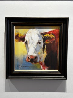 Ray Simonini "Shirley" 16x16 Brown and White Cow Farm Oil Painting on Canvas