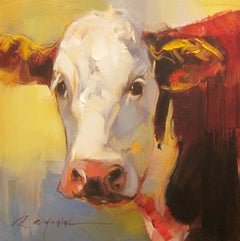 Ray Simonini "Shirley" 16x16 Brown and White Cow Farm Oil Painting on Canvas