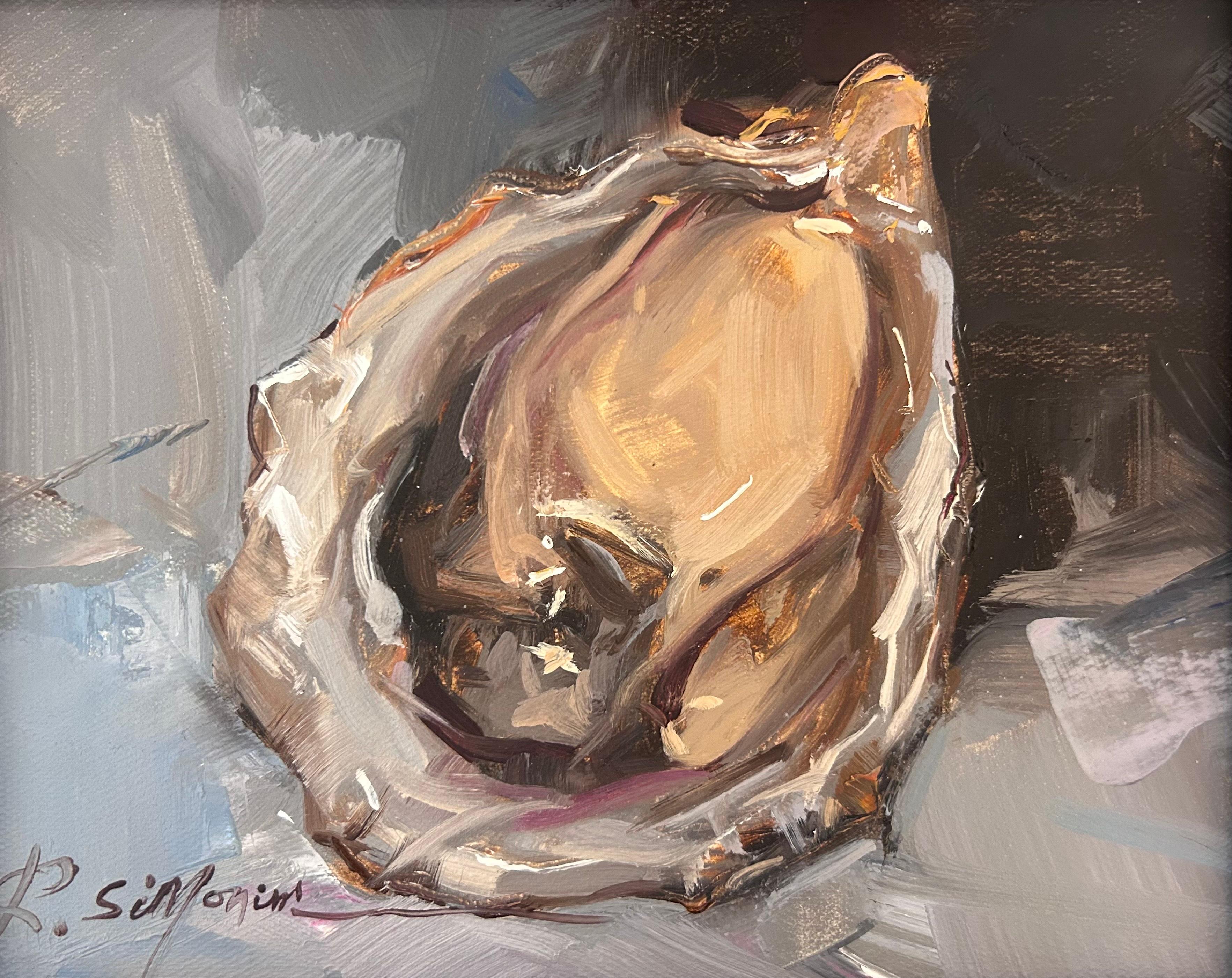 This painting by artist Ray Simonini titled "Shucked" is a 8x10 nautical oil painting on canvas featuring a close-up of an oyster shell against a calm soft grey and cool vibrant blue background.

About the artist:
Simonini was born in China in 1981.