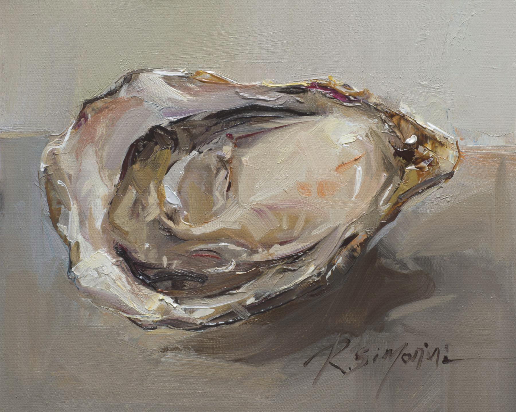 This painting by artist Ray Simonini titled "Shy is the Oyster" is a 8x10 nautical oil painting on canvas featuring a close-up of an oyster shell against a calm soft grey background.

About the artist:
Simonini was born in China in 1981. He became