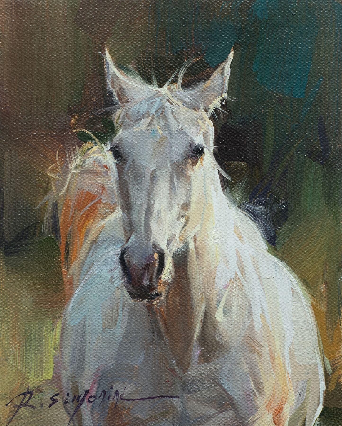 Ray Simonini, "Polvere di stelle", pittura a olio impressionista di animali da fattoria 10x8