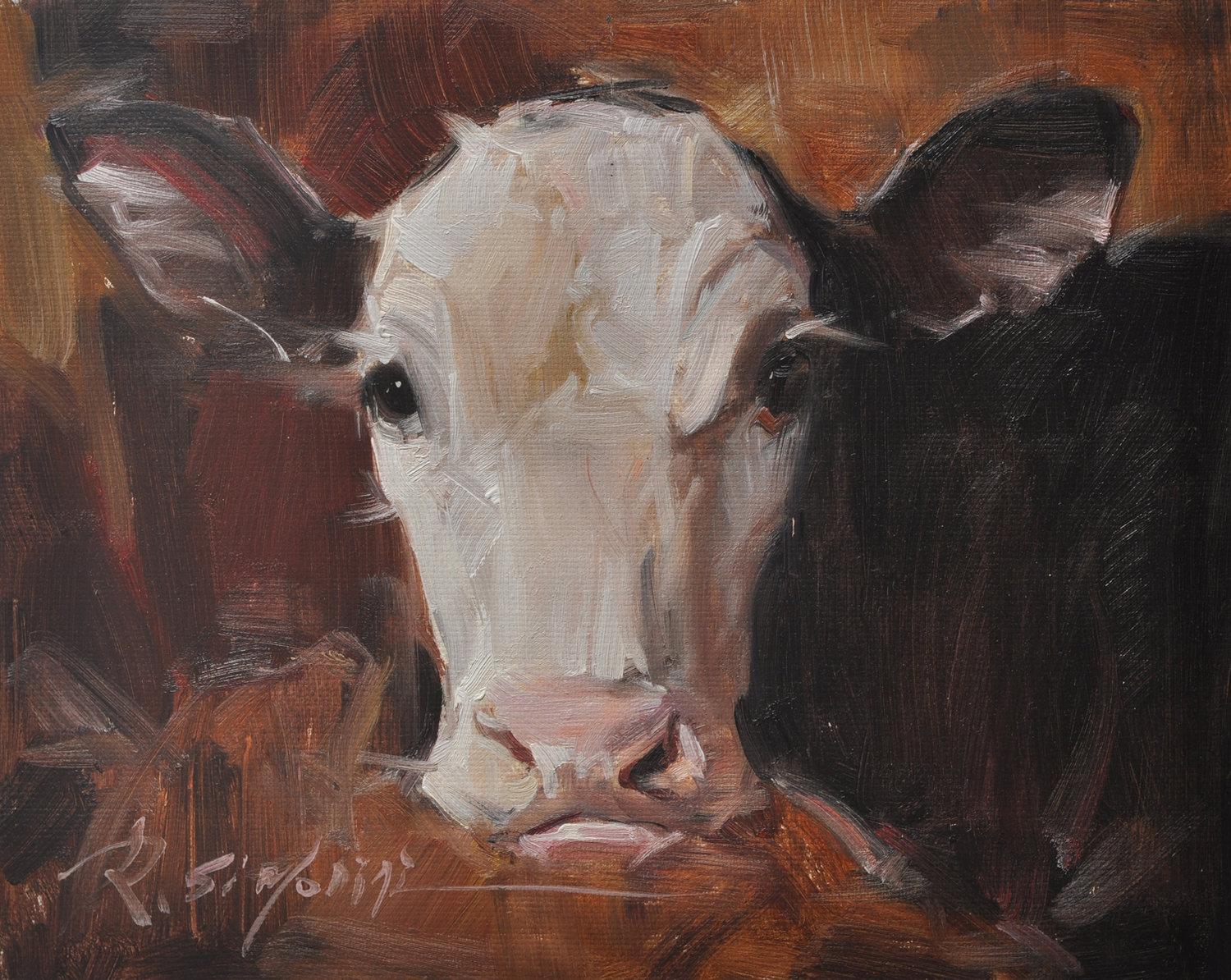 This painting by artist Ray Simonini titled "Sue Ellen" is a 8x10 farm animal oil painting on canvas featuring a portrait of a dark brown cow with a pink nose against a dramatic burnt umber background. 

About the artist:
Simonini was born in China
