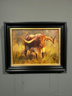 Ray Simonini „Tex“ – 12x16, braune Texas-Longhorn-Kuh, Ölgemälde auf Leinwand