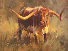 Ray Simonini „Tex“ – 12x16, braune Texas-Longhorn-Kuh, Ölgemälde auf Leinwand