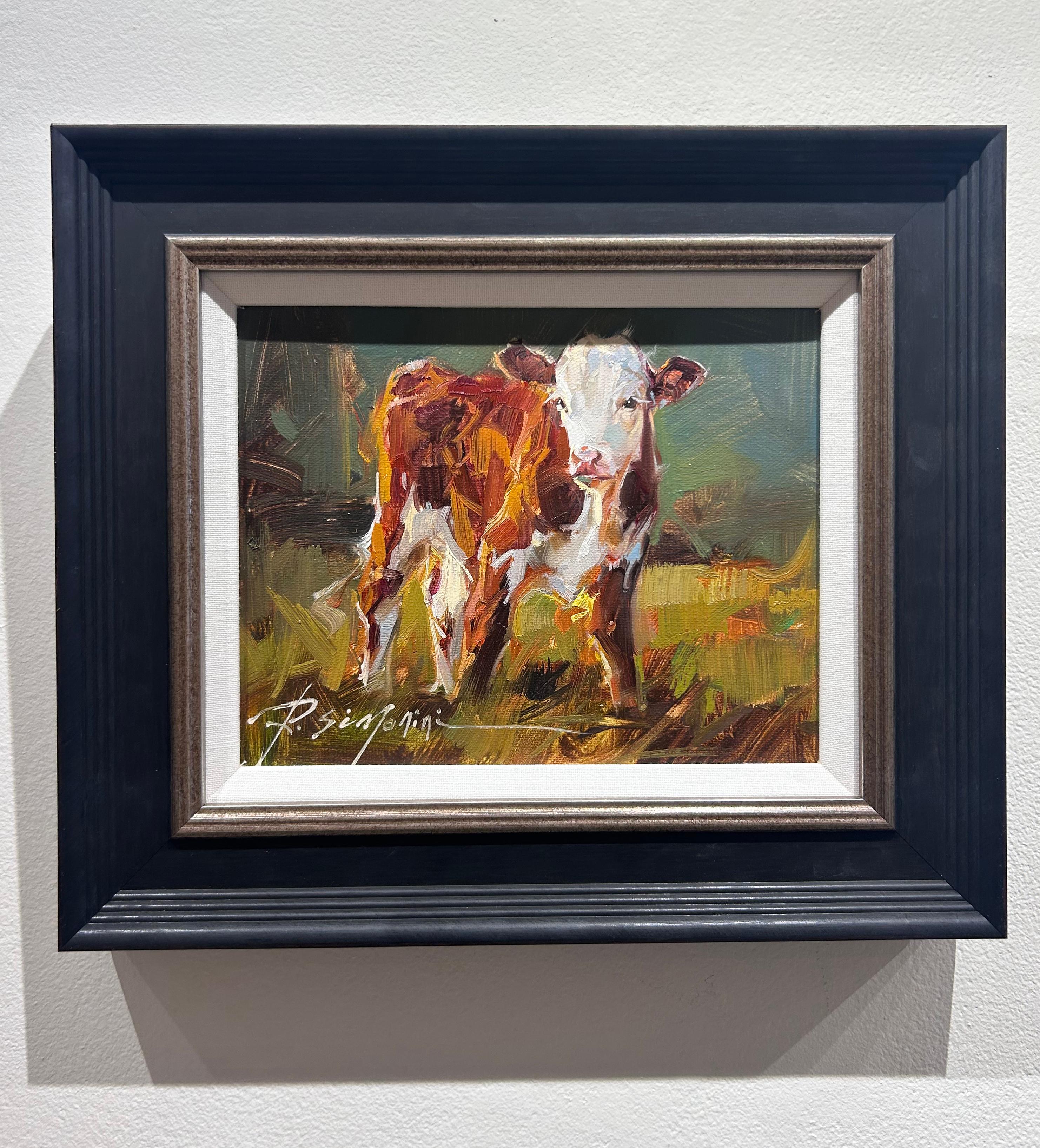 Ray Simonini, « Violet » 8x10 Peinture à l'huile sur toile impressionniste représentant une ferme et une vache en vente 1