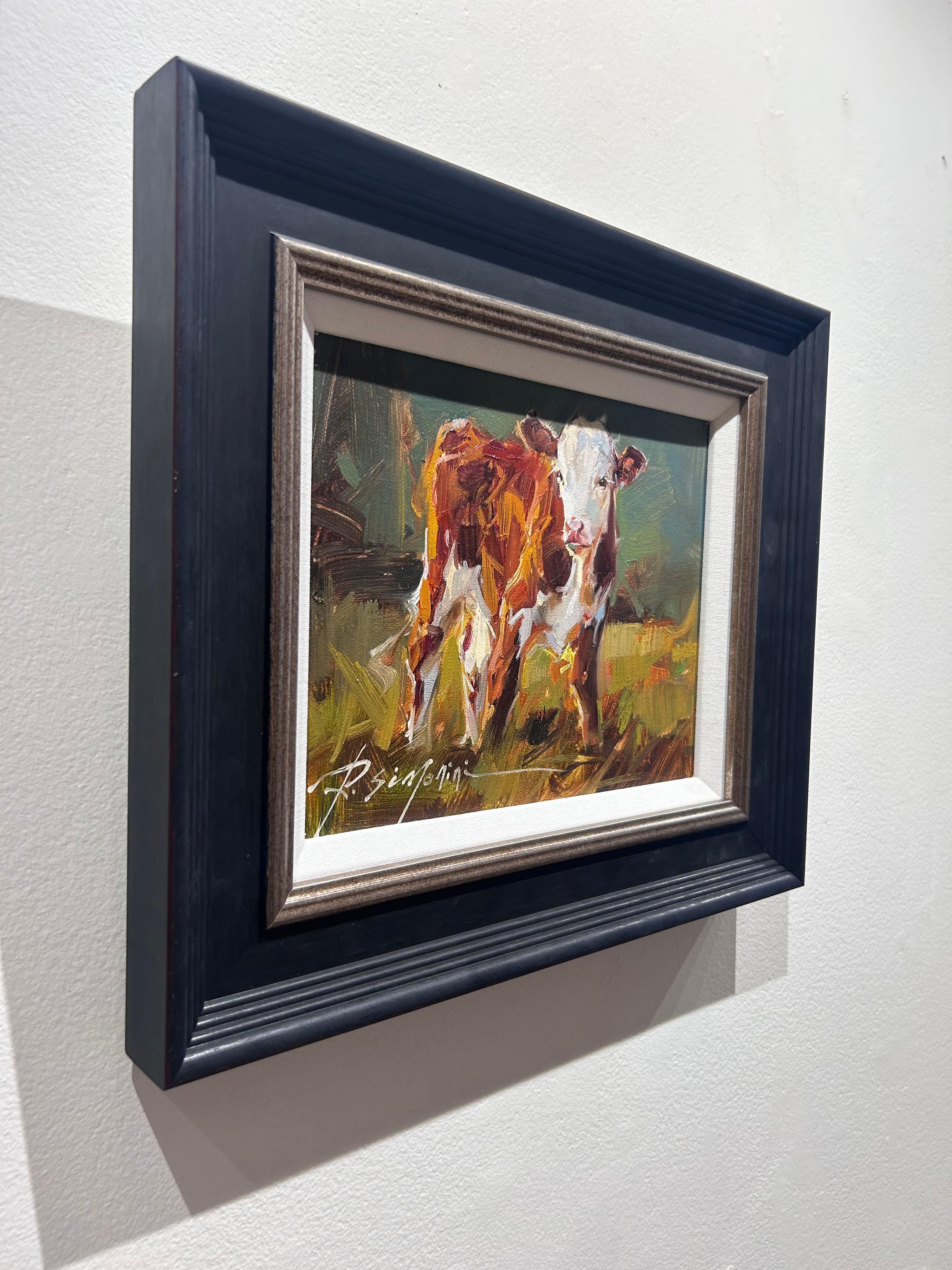 Ray Simonini, « Violet » 8x10 Peinture à l'huile sur toile impressionniste représentant une ferme et une vache en vente 2