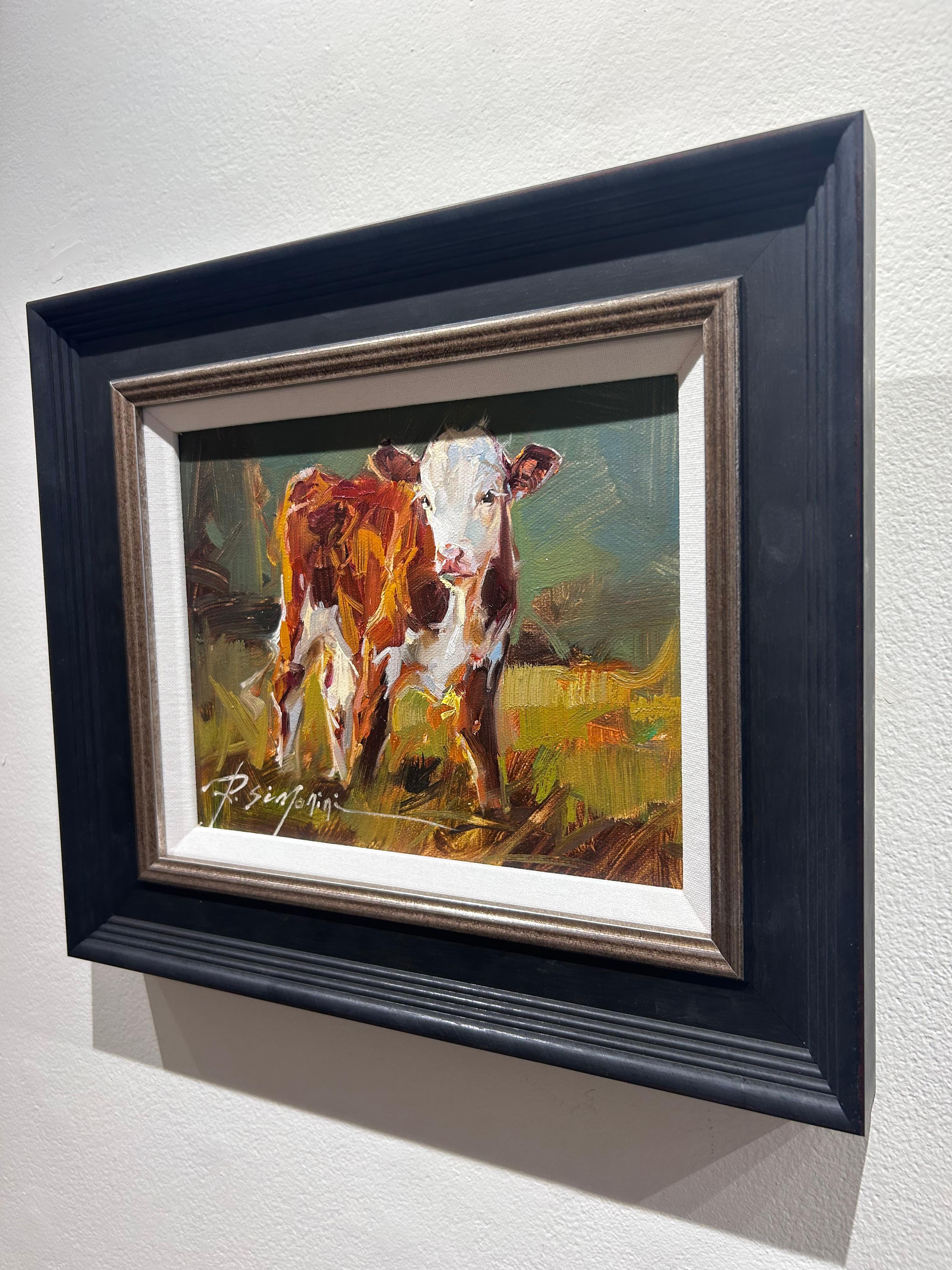Ray Simonini, « Violet » 8x10 Peinture à l'huile sur toile impressionniste représentant une ferme et une vache en vente 3