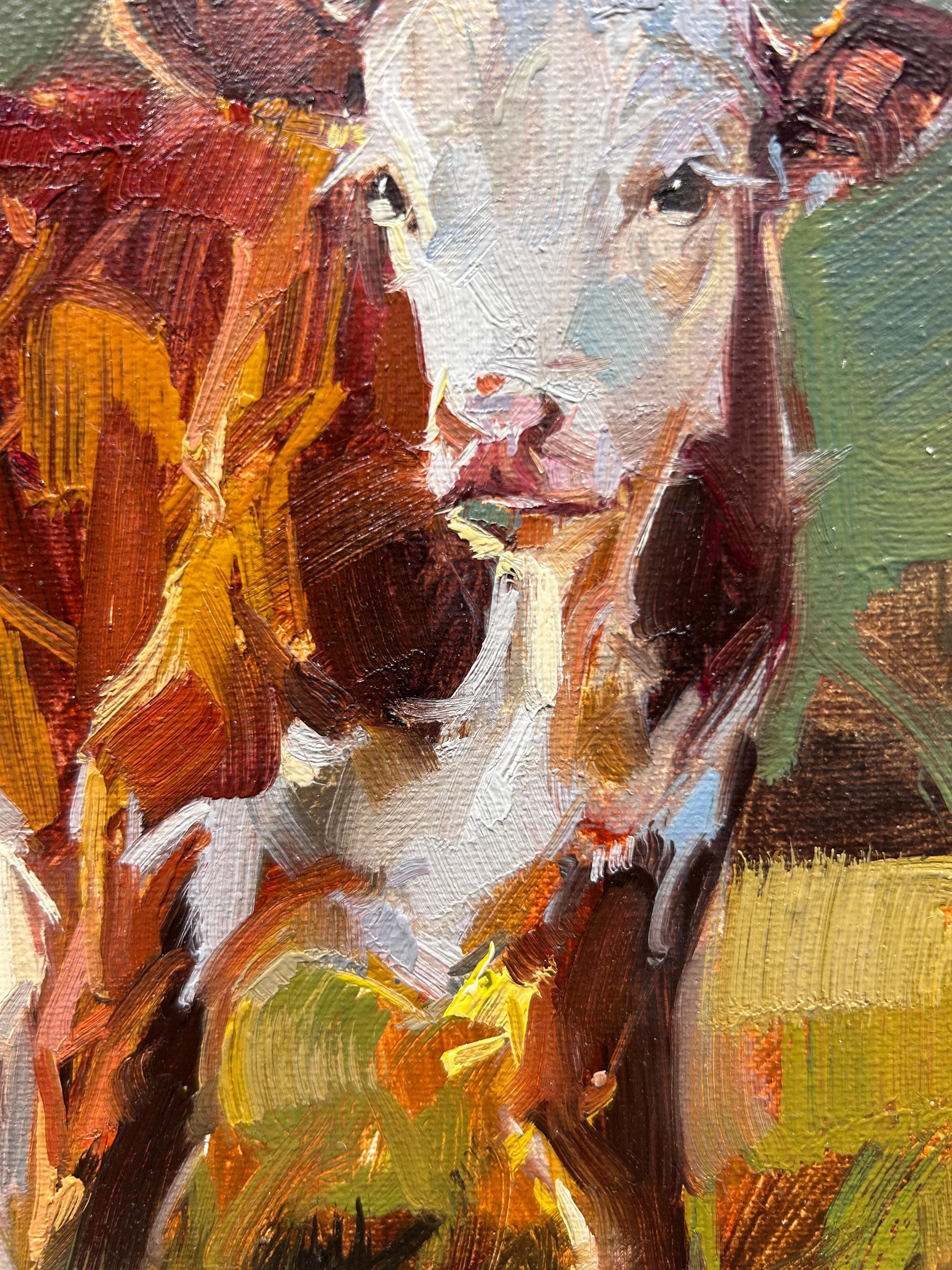 Ray Simonini, « Violet » 8x10 Peinture à l'huile sur toile impressionniste représentant une ferme et une vache en vente 4