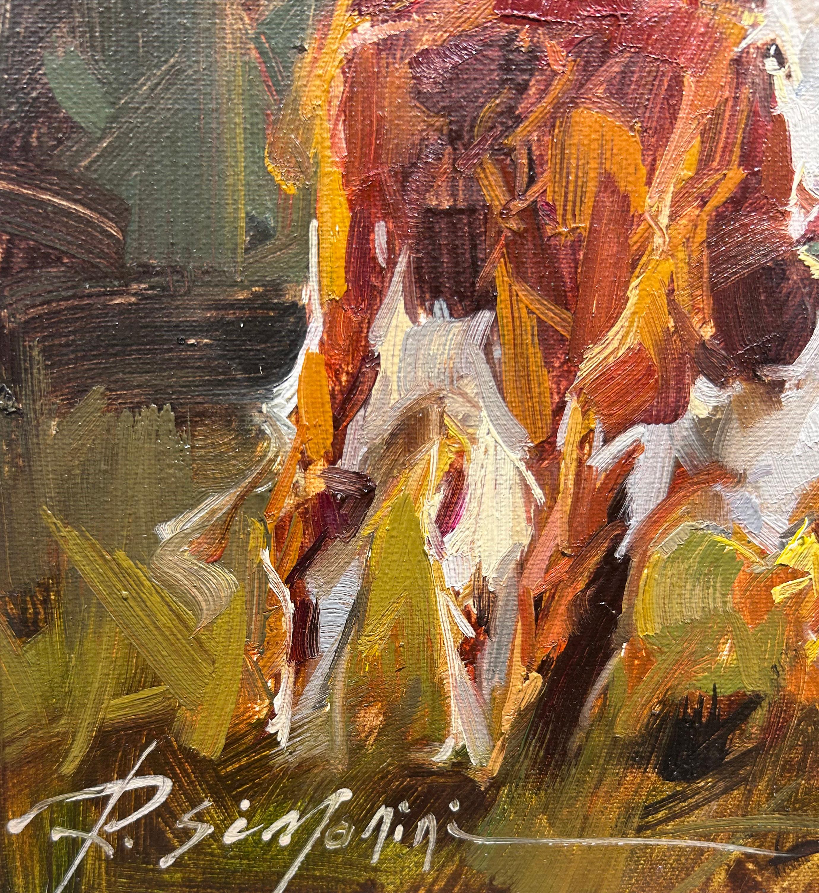 Ray Simonini, « Violet » 8x10 Peinture à l'huile sur toile impressionniste représentant une ferme et une vache en vente 5