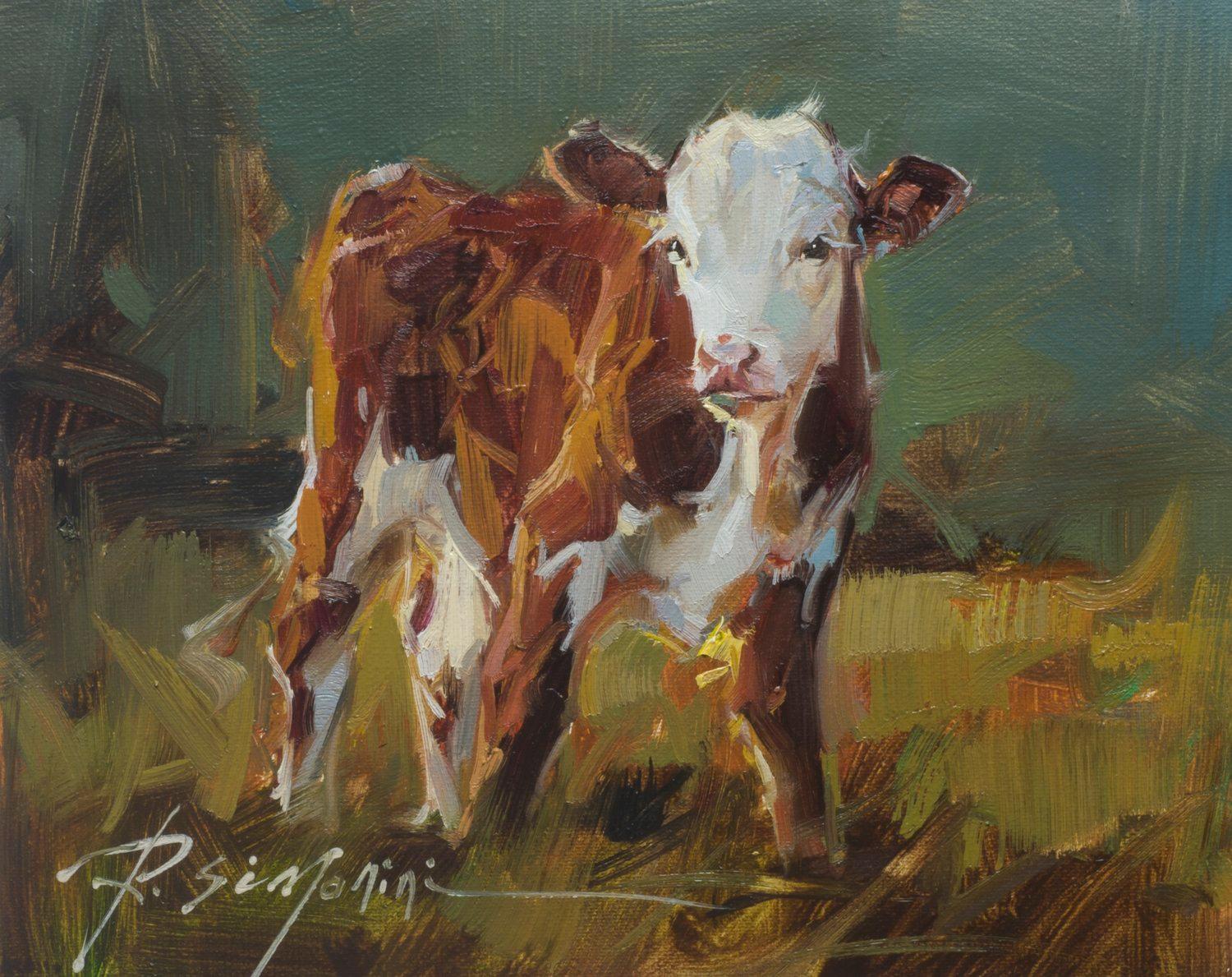 This painting by artist Ray Simonini titled "Violet" is a 8x10 farm animal oil painting on canvas featuring a portrait of a brown and white cow standing in the grass of an expansive pasture. 

About the artist:
Simonini was born in China in 1981. He