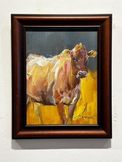 Ray Simonini "Winnie" 16x12 Pintura al óleo sobre lienzo Vaca de granja marrón y blanca
