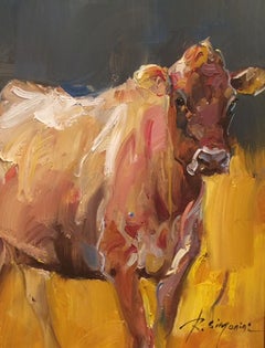 Ray Simonini "Winnie" 16x12 Brown und White Cow Farm Ölgemälde auf Leinwand