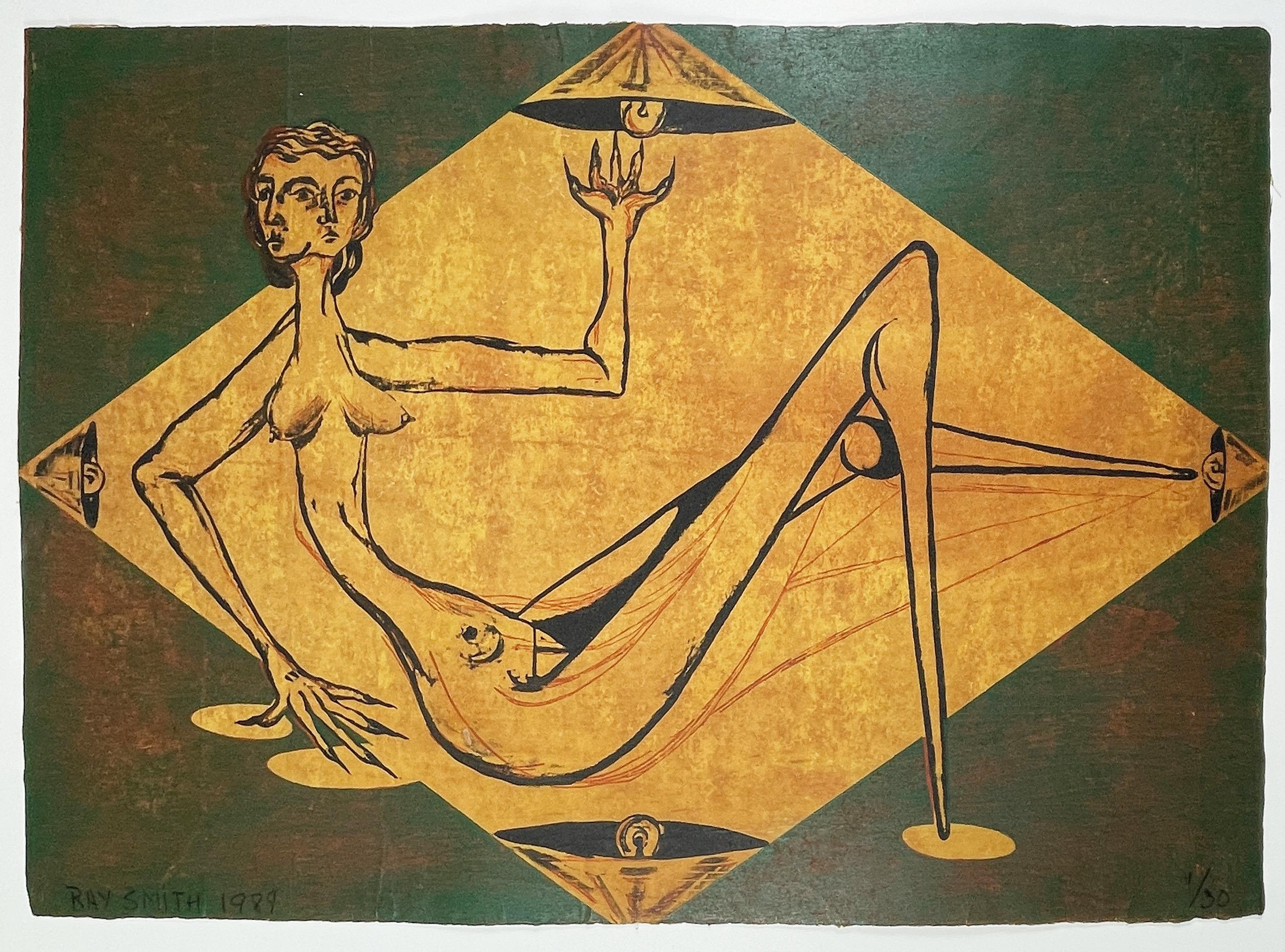 Ray Smith verdeutlicht den "Traum eines Pfadfinders" in diesem surrealen Holzschnitt in Grün, Rot und Gelb. Eine Frau mit zwei Gesichtern sitzt nackt in einem rautenförmigen, goldenen Farbfeld. Sie streckt ihre Hand nach oben und ihr Bein nach
