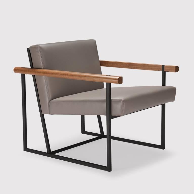 Chamfered Ray Steel and Wood Frame Contemporary Armchair For Sale