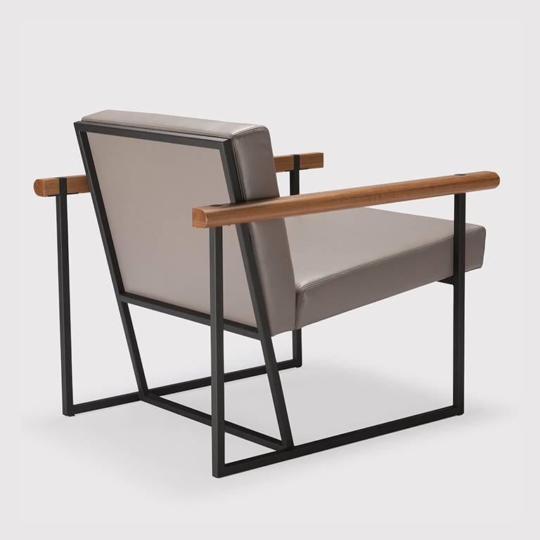 Leather Ray Steel and Wood Frame Contemporary Armchair For Sale