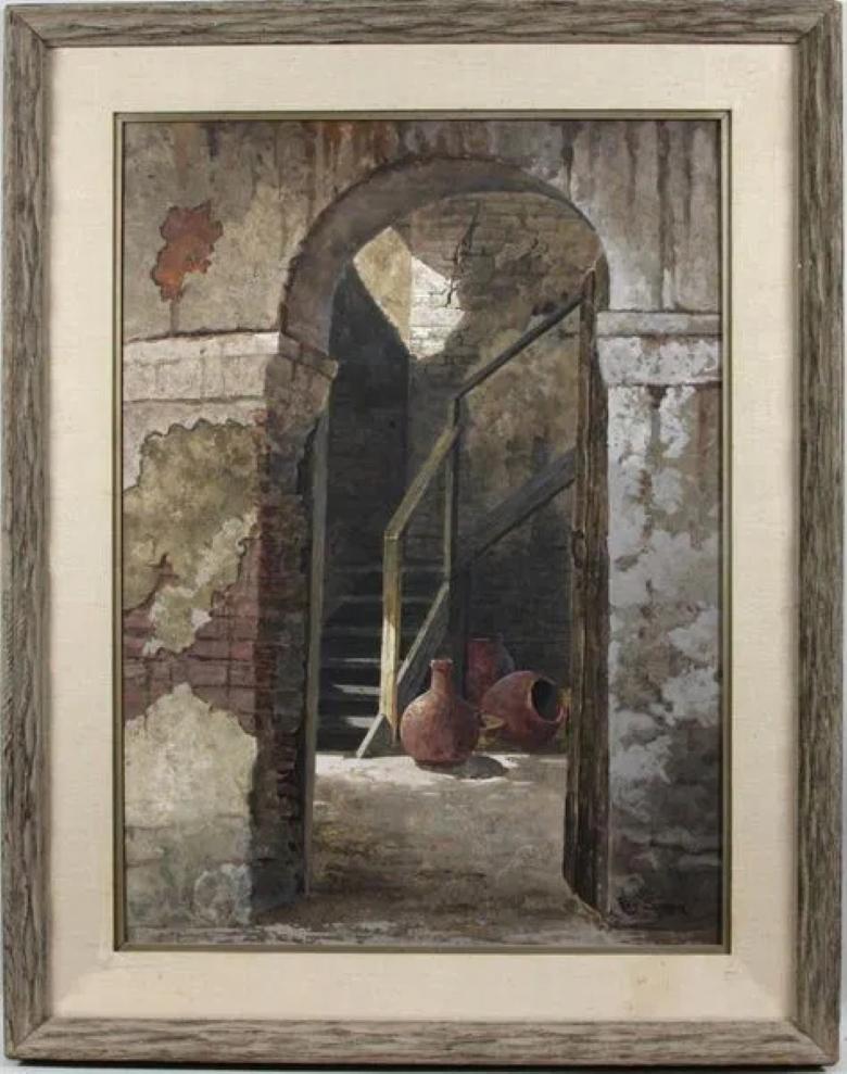 « Dans la cour de San Juan Bautista » - Painting de Ray Swanson