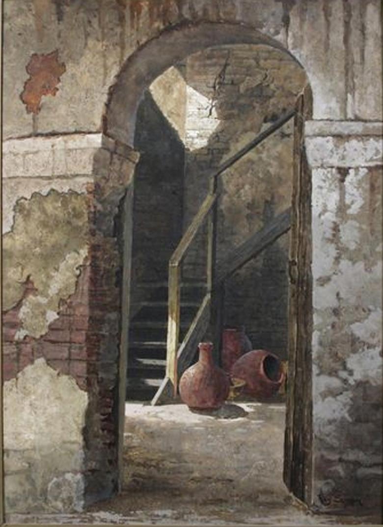 « Dans la cour de San Juan Bautista » - Gris Interior Painting par Ray Swanson