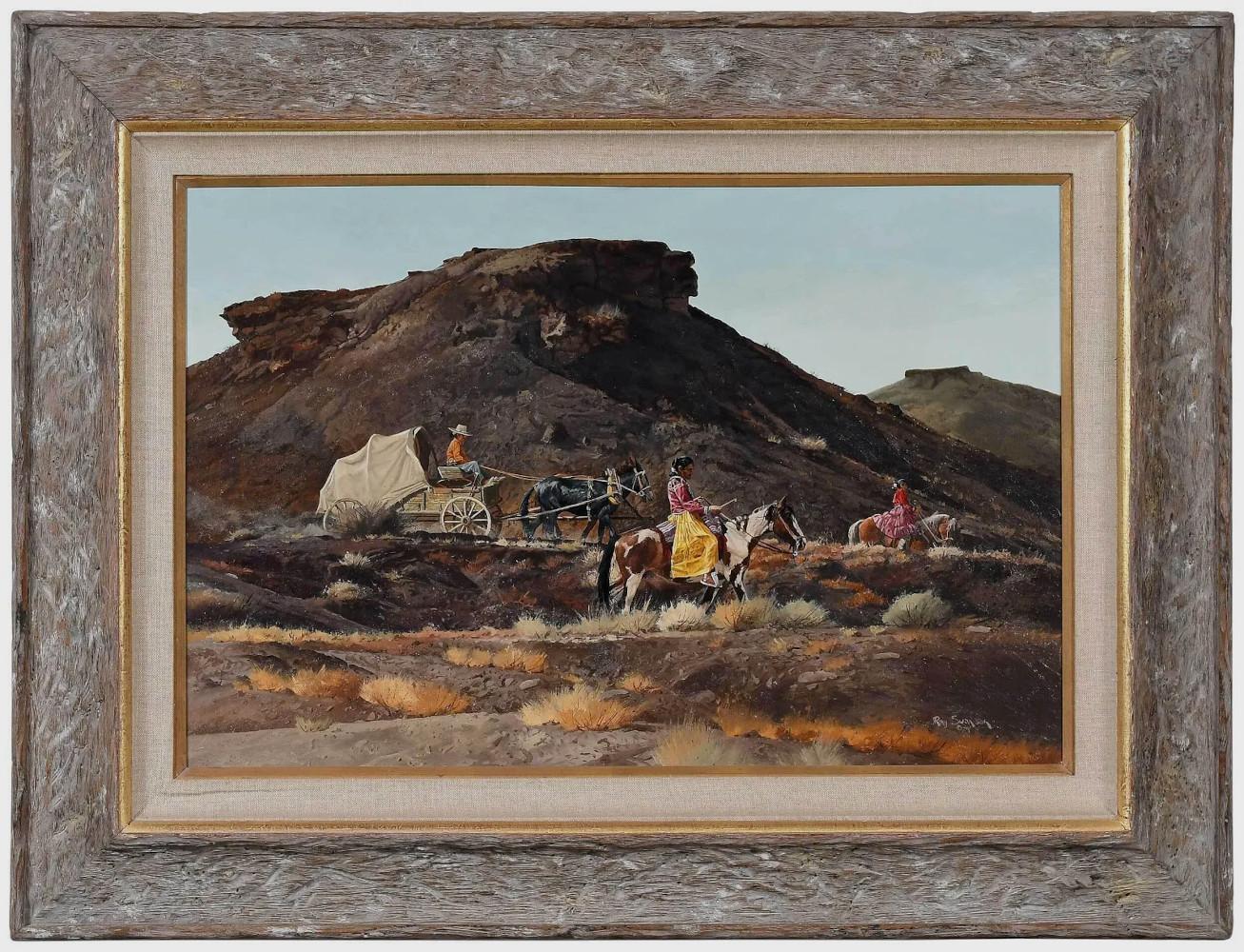 Ray Swanson Landscape Painting - "GOING HOME"  Native American Indian Western Covered Wagon Horses & More