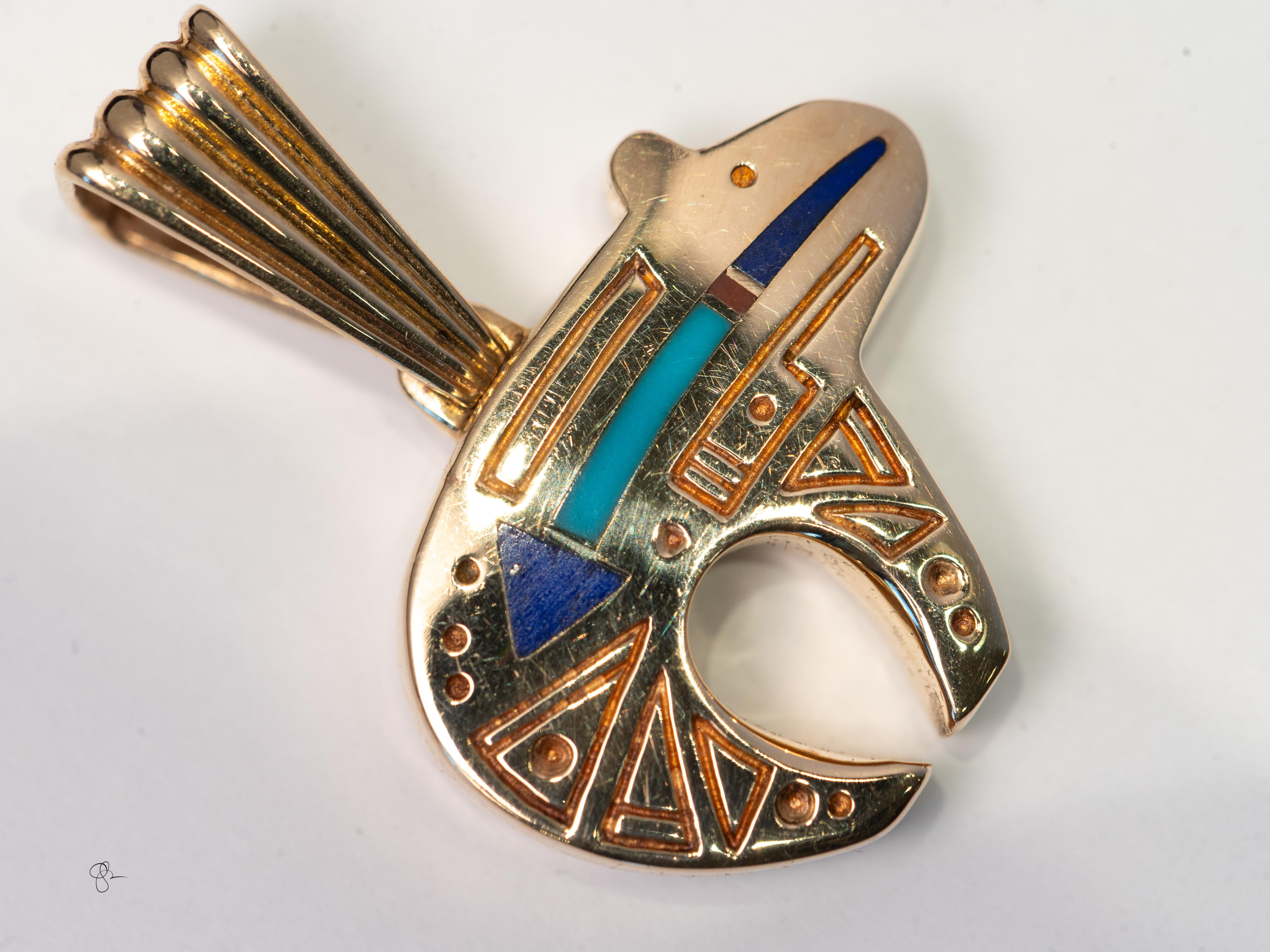 Ray Tracey Ciondolo a forma di orso in oro 14k 10g Navajo intarsiato da collezione In condizioni buone in vendita a Tucson, AZ