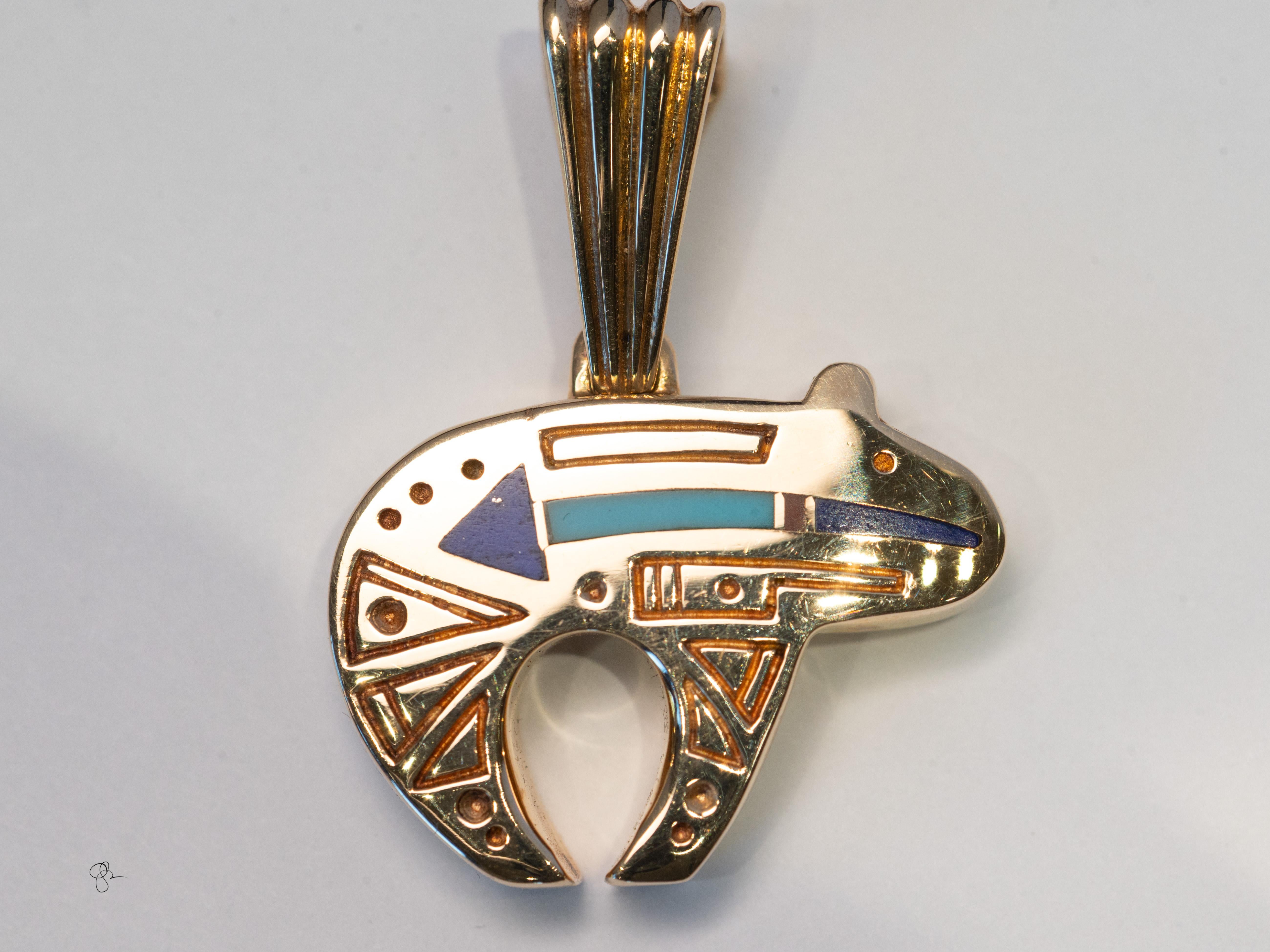 da uomo o donna Ray Tracey Ciondolo a forma di orso in oro 14k 10g Navajo intarsiato da collezione in vendita