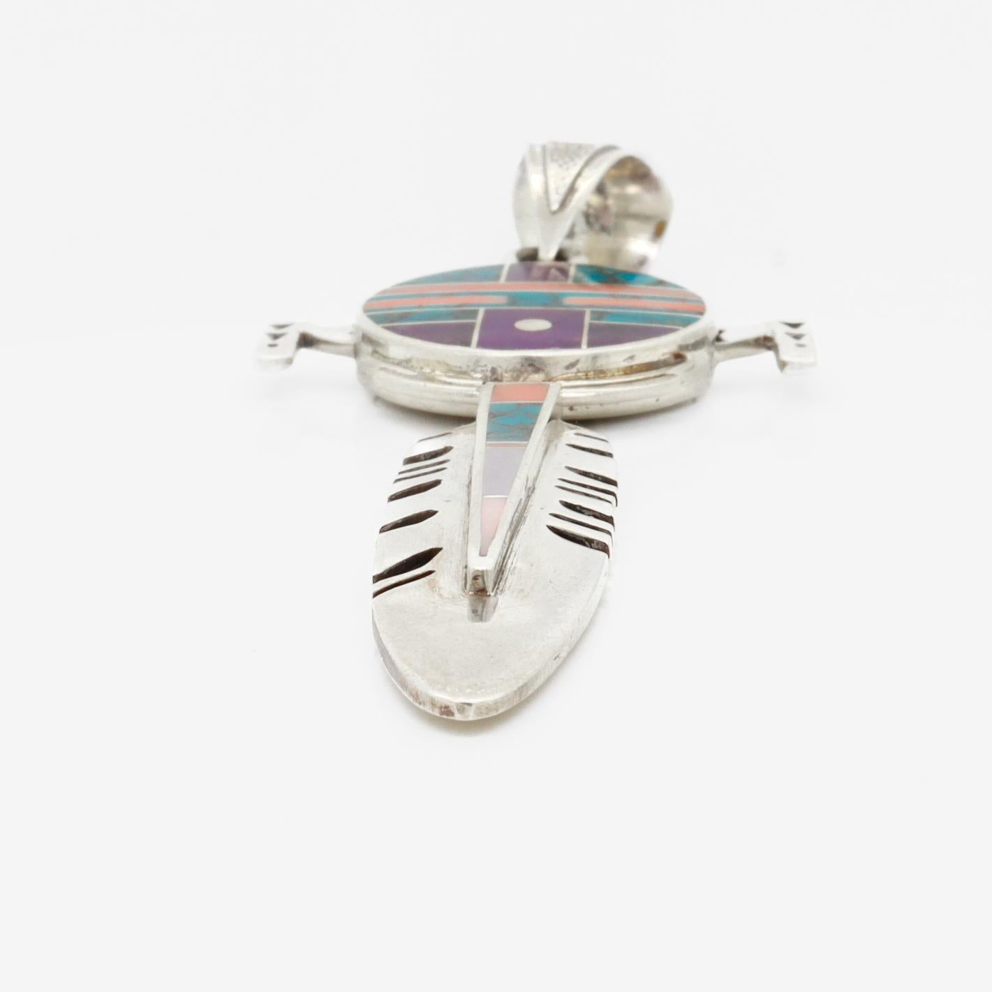 Ray Tracey Knifewing II Inlaid Navajo Sterling Silver Feather Necklace Pendant 4