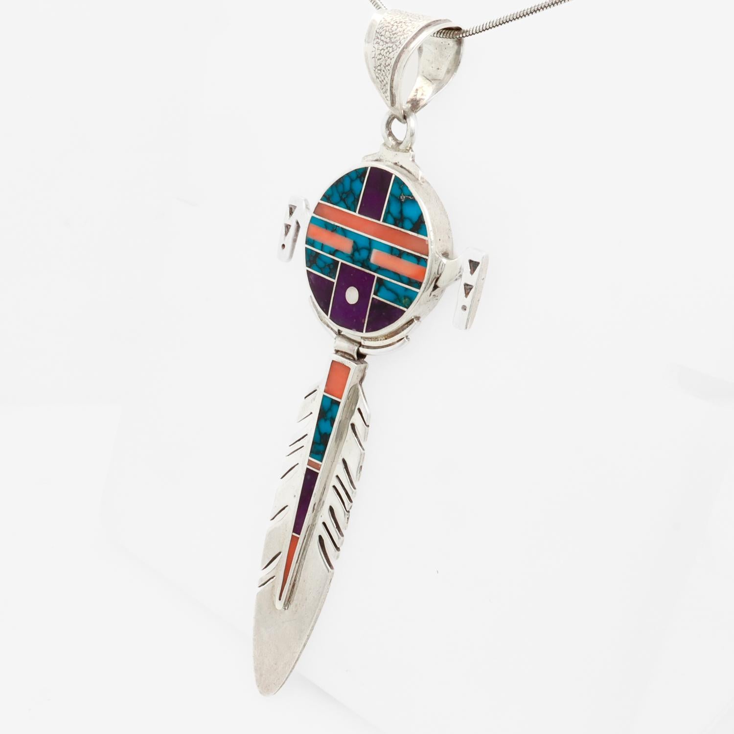 Ray Tracey Knifewing II Inlaid Navajo Sterling Silver Feather Necklace Pendant 5