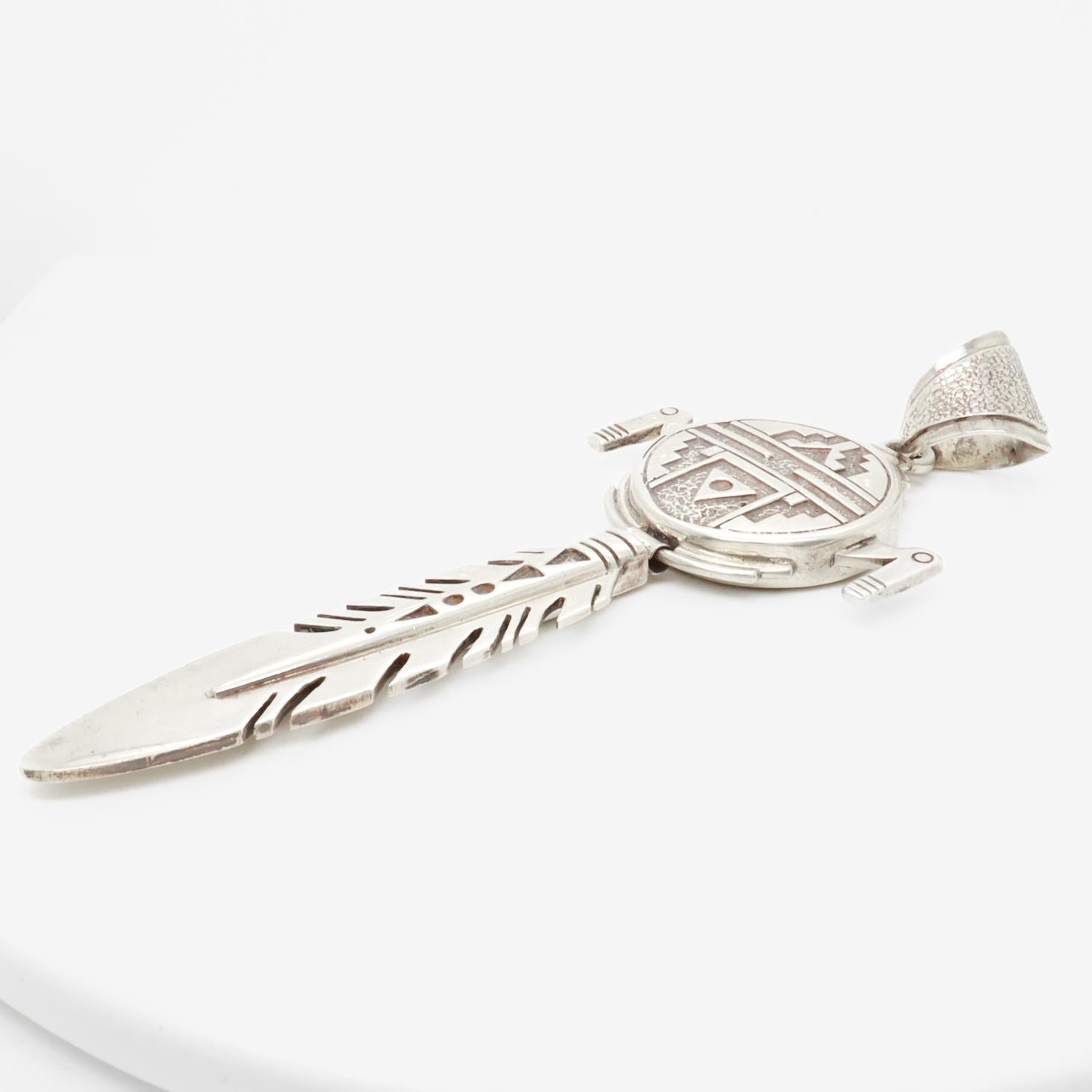 Ray Tracey Knifewing II Inlaid Navajo Sterling Silver Feather Necklace Pendant 6