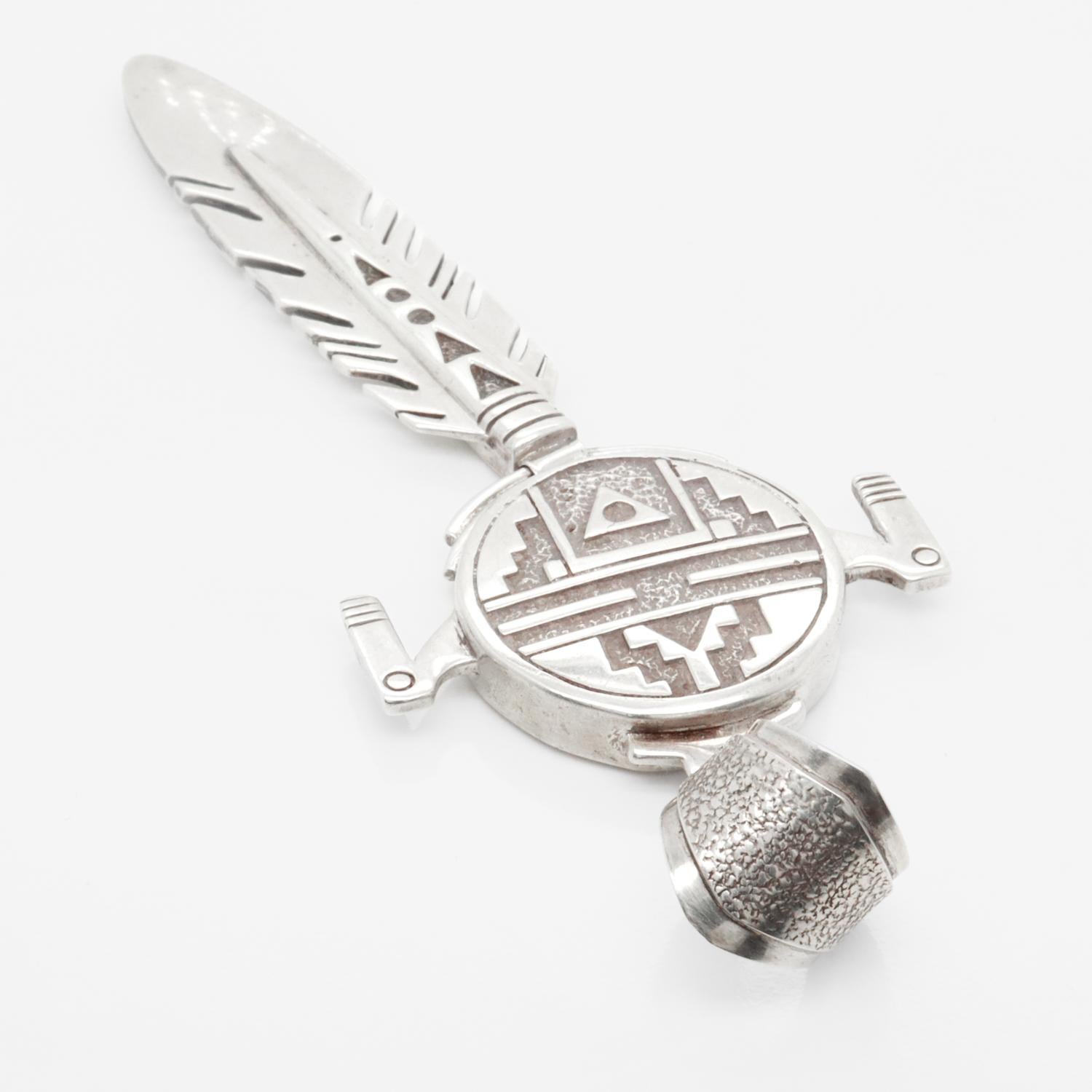 Ray Tracey Knifewing II Inlaid Navajo Sterling Silver Feather Necklace Pendant 7
