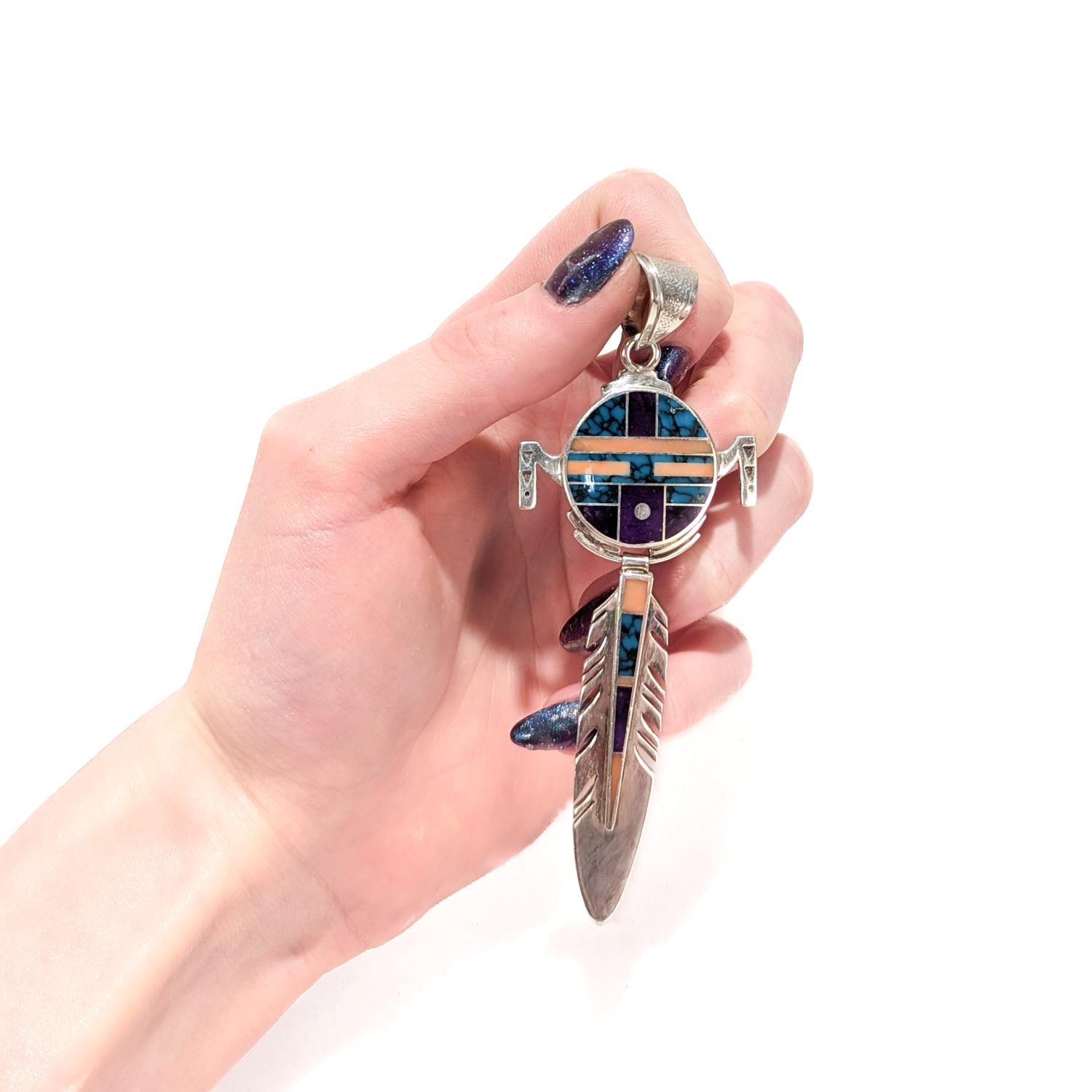 Ray Tracey Knifewing II Inlaid Navajo Sterling Silver Feather Necklace Pendant 11