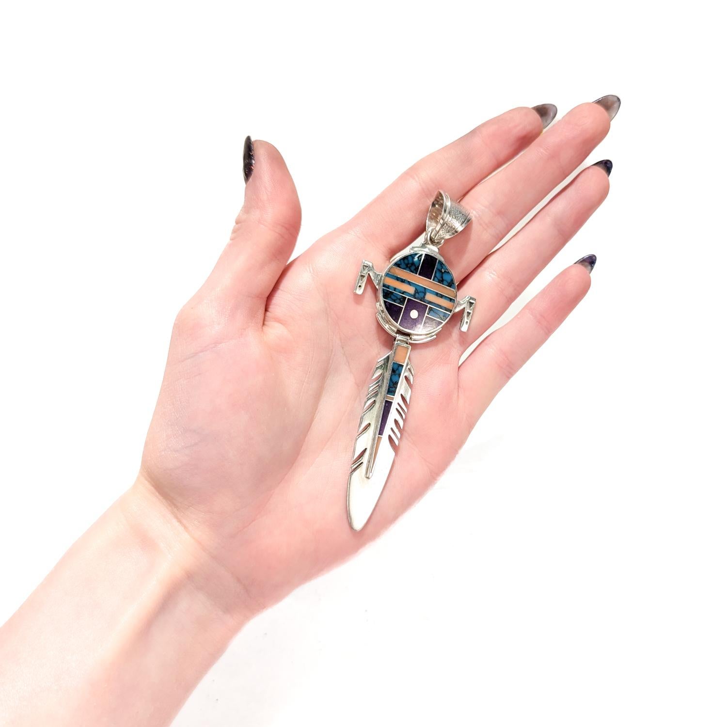 Native American Ray Tracey Knifewing II Inlaid Navajo Sterling Silver Feather Necklace Pendant
