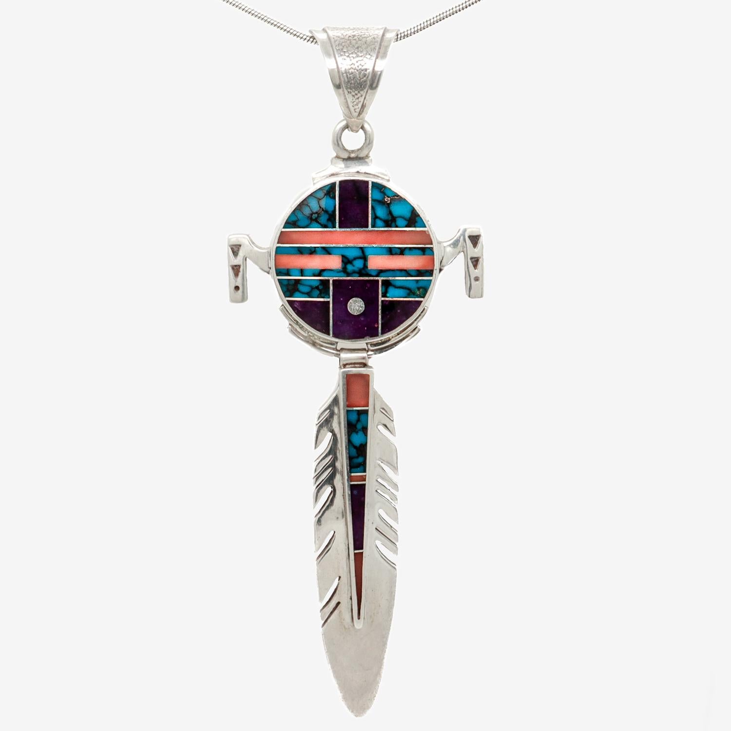 Cabochon Ray Tracey Knifewing II Inlaid Navajo Sterling Silver Feather Necklace Pendant