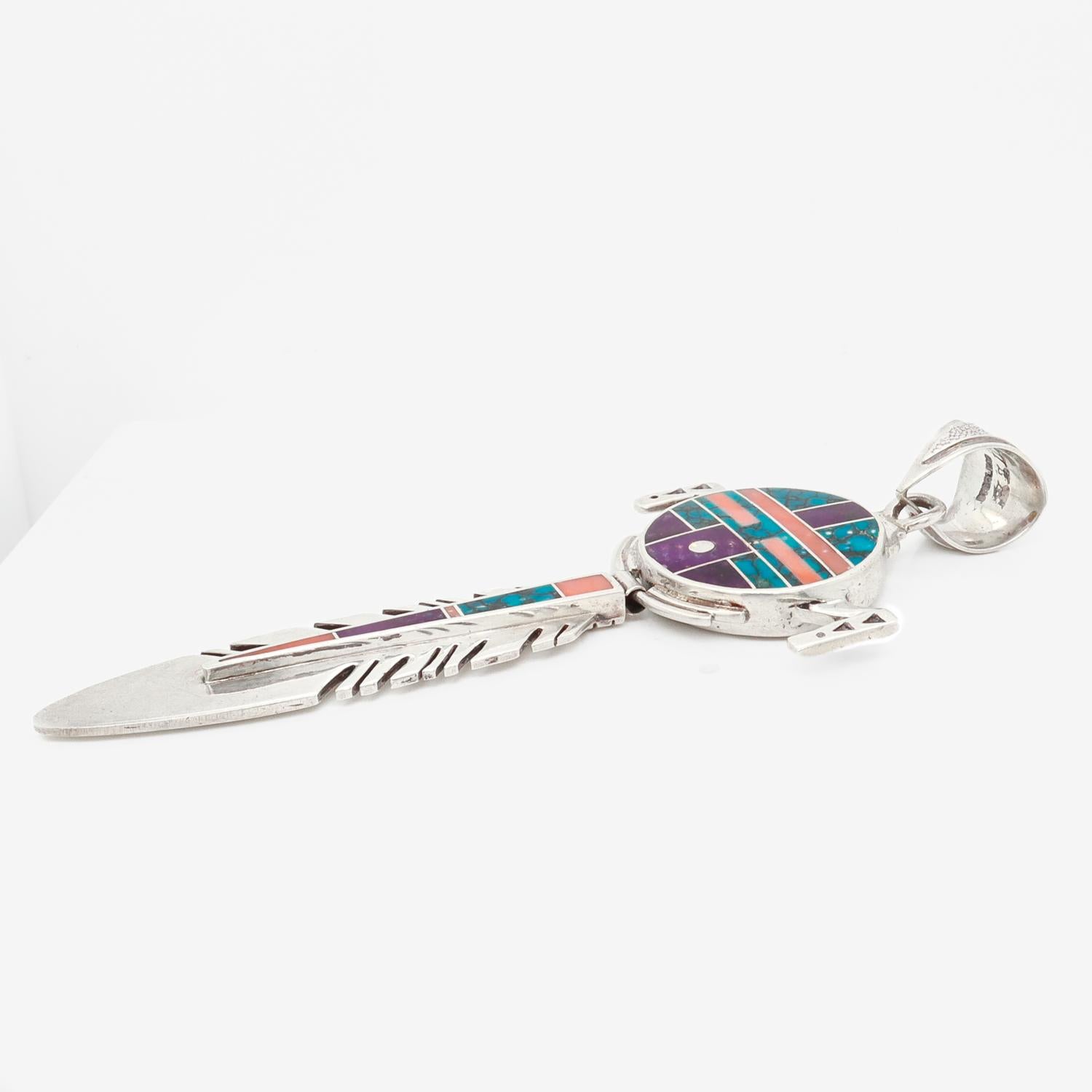 Ray Tracey Knifewing II Inlaid Navajo Sterling Silver Feather Necklace Pendant In Good Condition In Philadelphia, PA