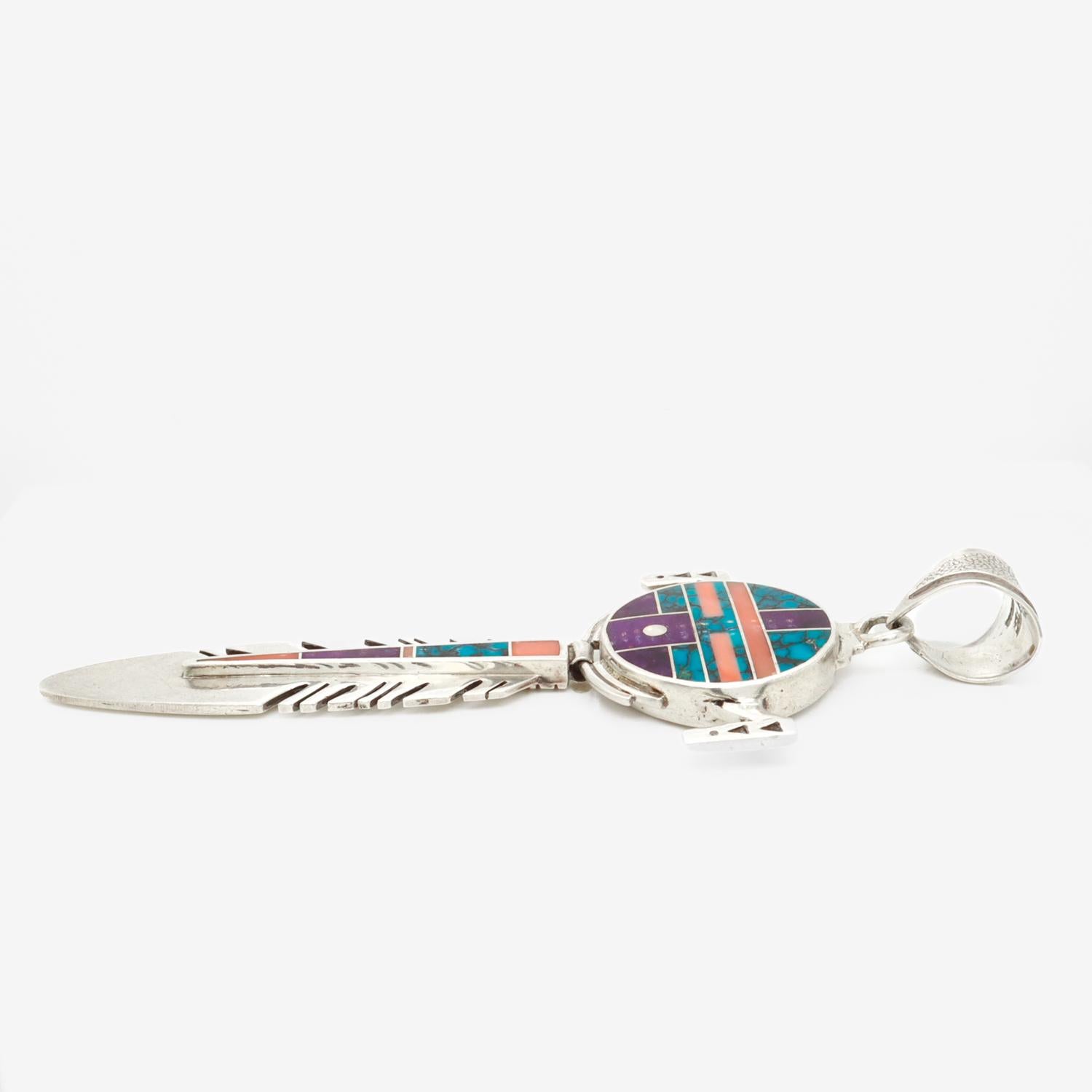 Women's or Men's Ray Tracey Knifewing II Inlaid Navajo Sterling Silver Feather Necklace Pendant