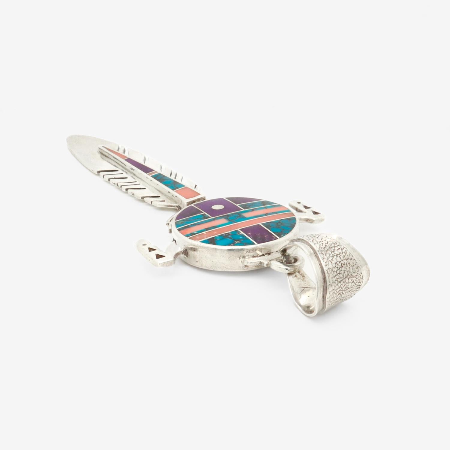 Ray Tracey Knifewing II Inlaid Navajo Sterling Silver Feather Necklace Pendant 1