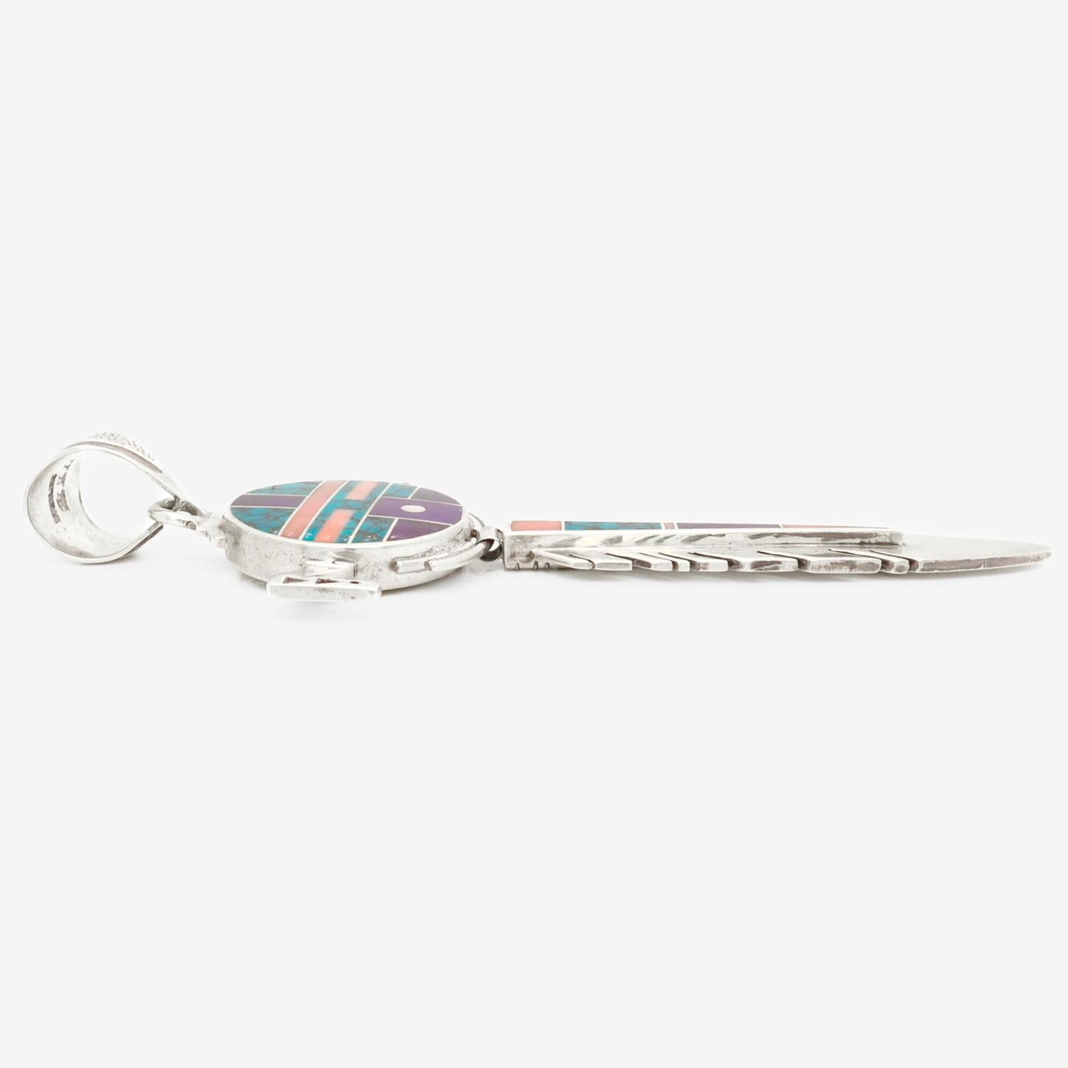 Ray Tracey Knifewing II Inlaid Navajo Sterling Silver Feather Necklace Pendant 3