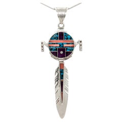 Ray Tracey Knifewing II Inlaid Navajo Sterling Silver Feather Necklace Pendant