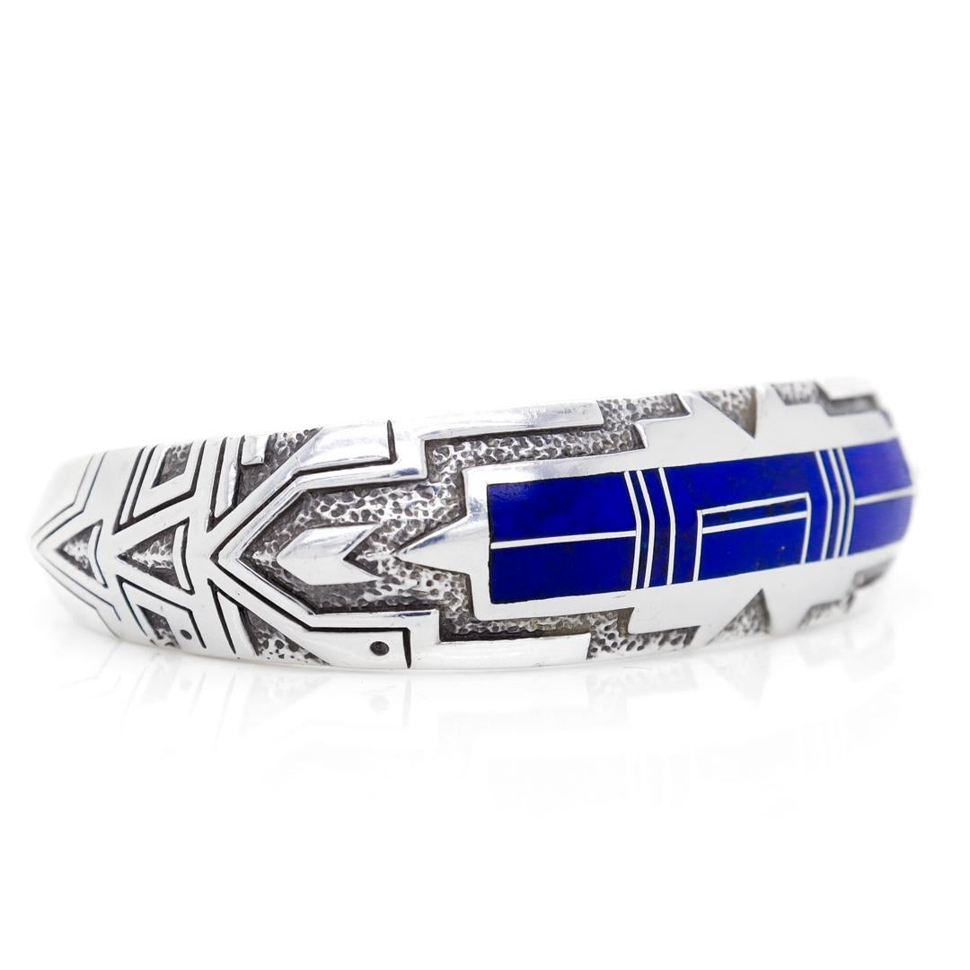 Native American Ray Tracey Knifewing Sterling Silver & Lapis Inlaid Cuff Bracelet For Sale