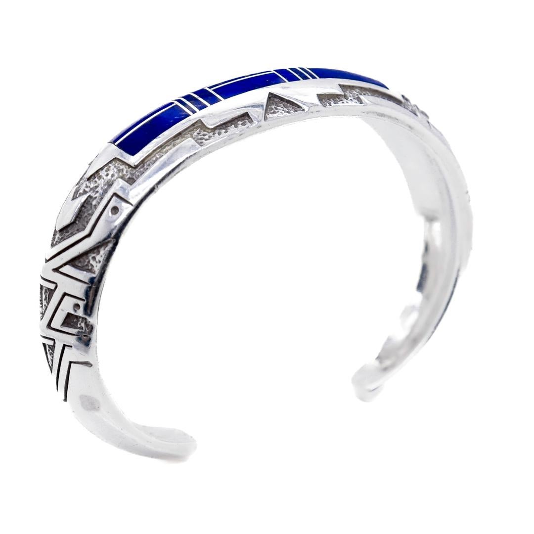 Ray Tracey Knifewing Sterling Silver & Lapis Inlaid Cuff Bracelet In Good Condition For Sale In Philadelphia, PA