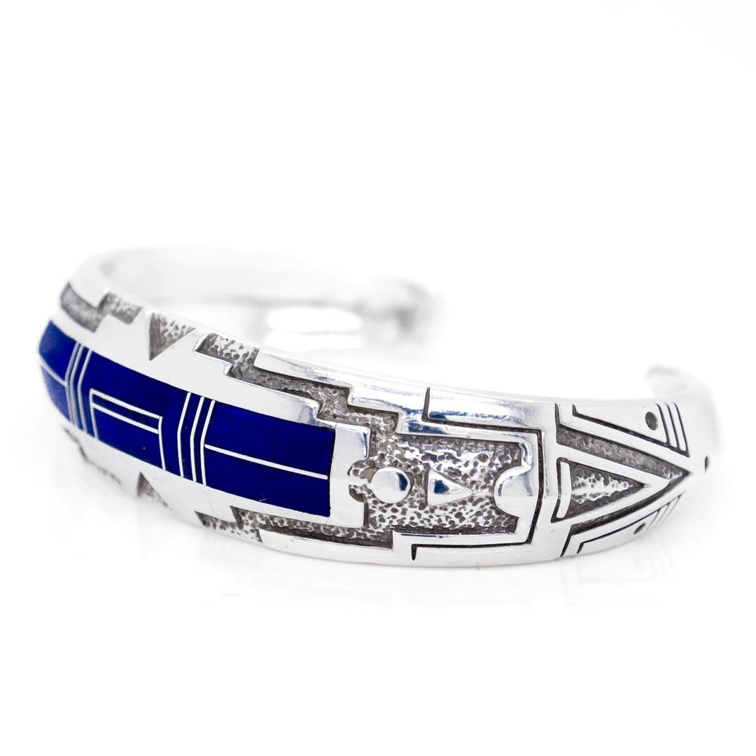 Women's or Men's Ray Tracey Knifewing Sterling Silver & Lapis Inlaid Cuff Bracelet For Sale