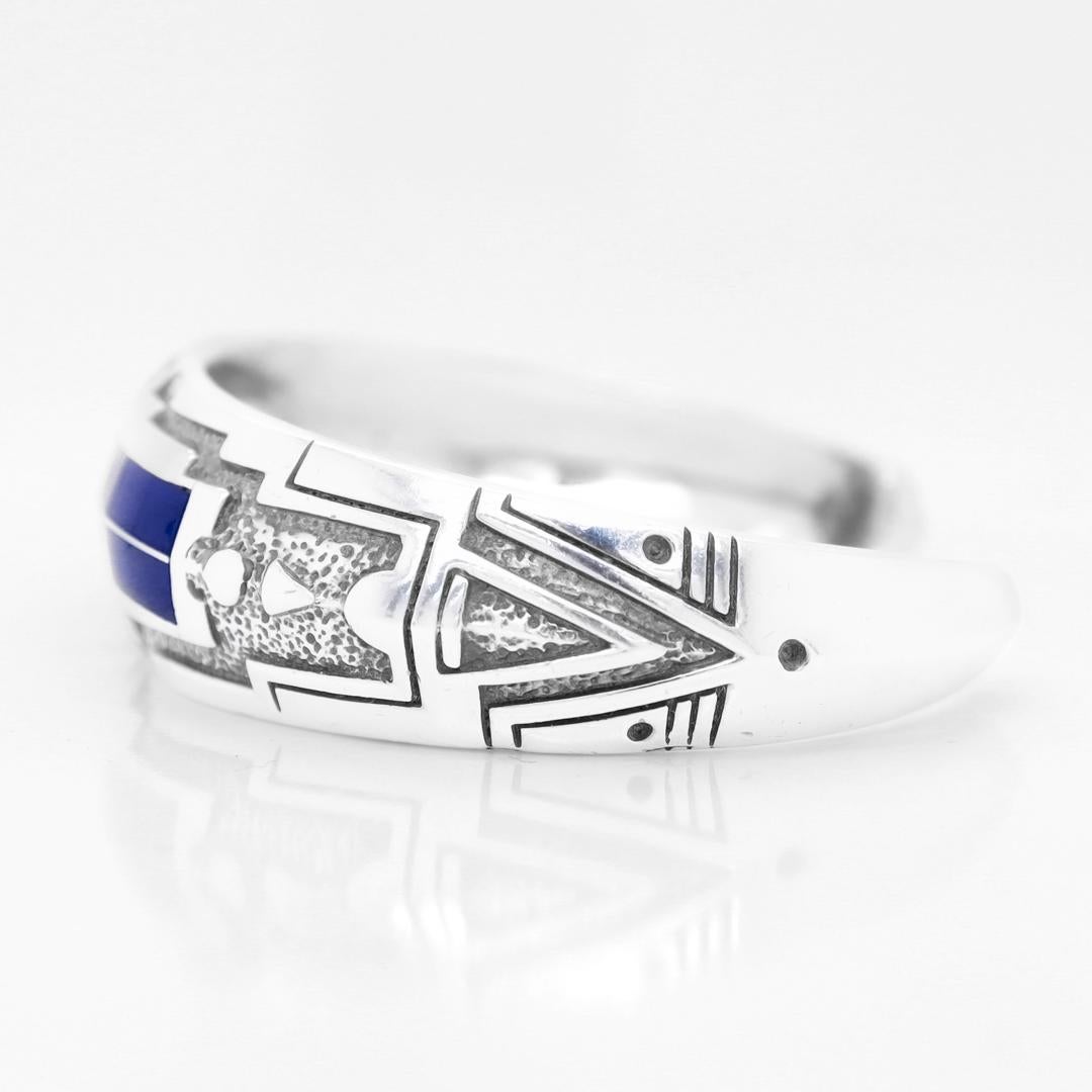 Ray Tracey Knifewing Sterling Silver & Lapis Inlaid Cuff Bracelet For Sale 1