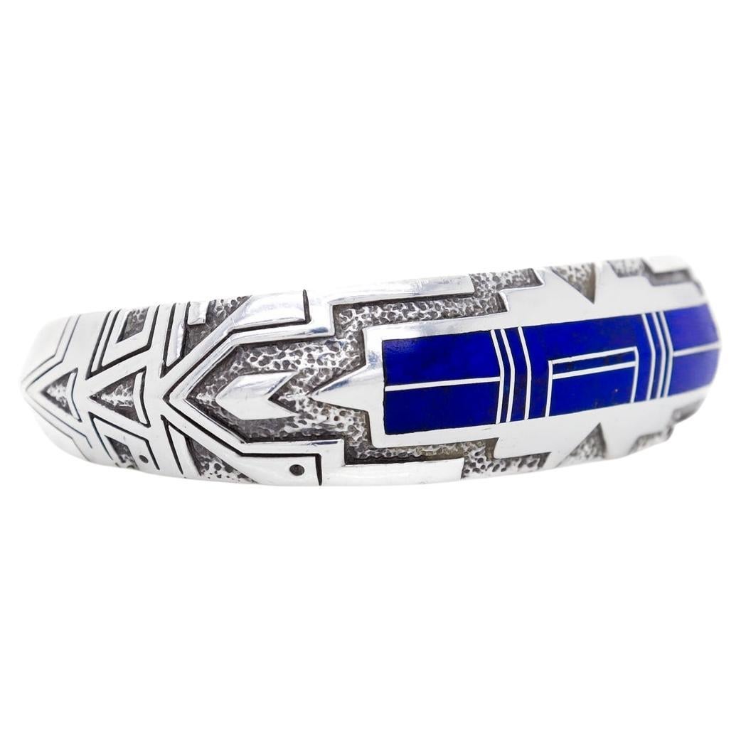 Ray Tracey Knifewing Sterling Silver & Lapis Inlaid Cuff Bracelet For Sale