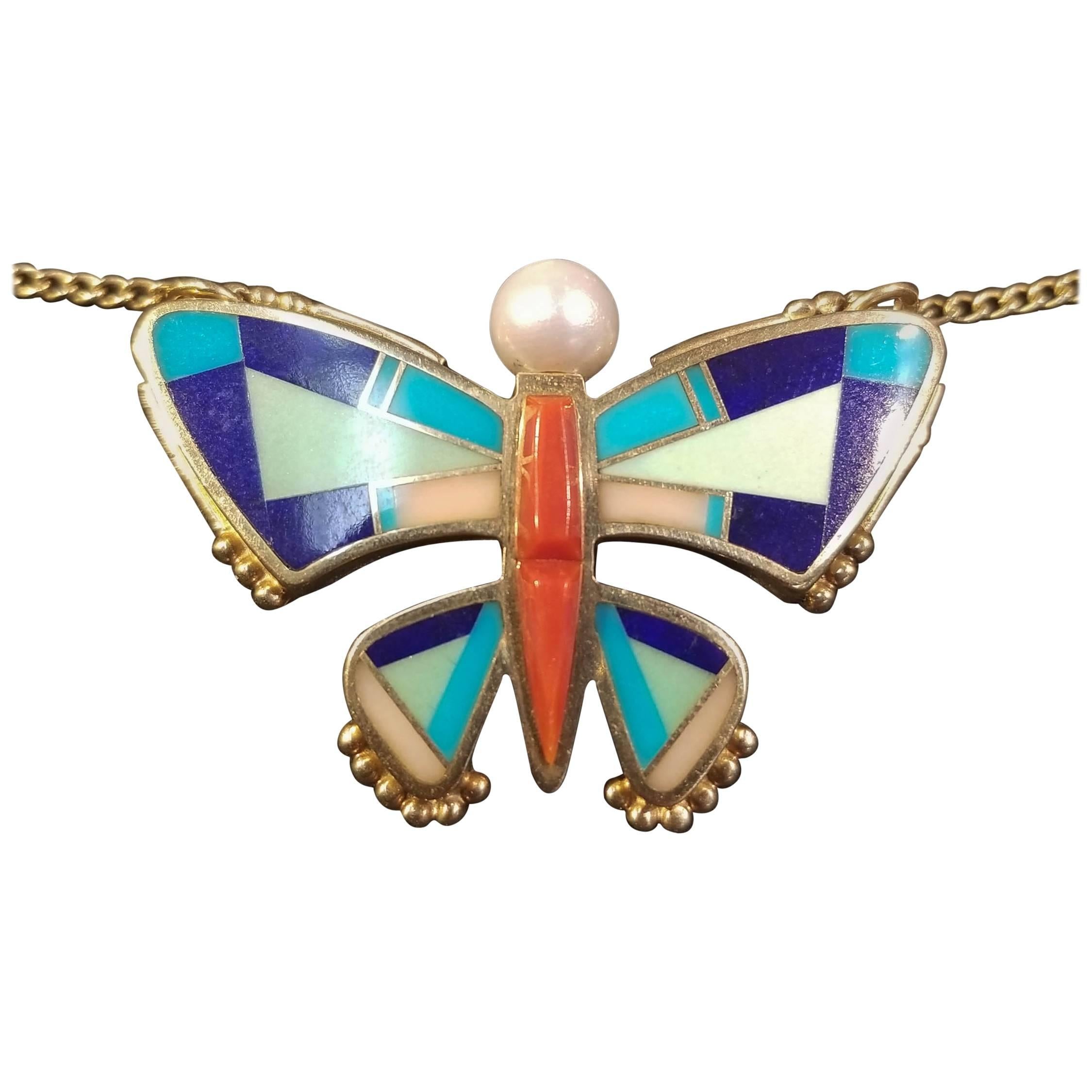 Ray Tracey Multi-Stone Inlay Butterfly Necklace, 14 Karat Yellow Gold For Sale