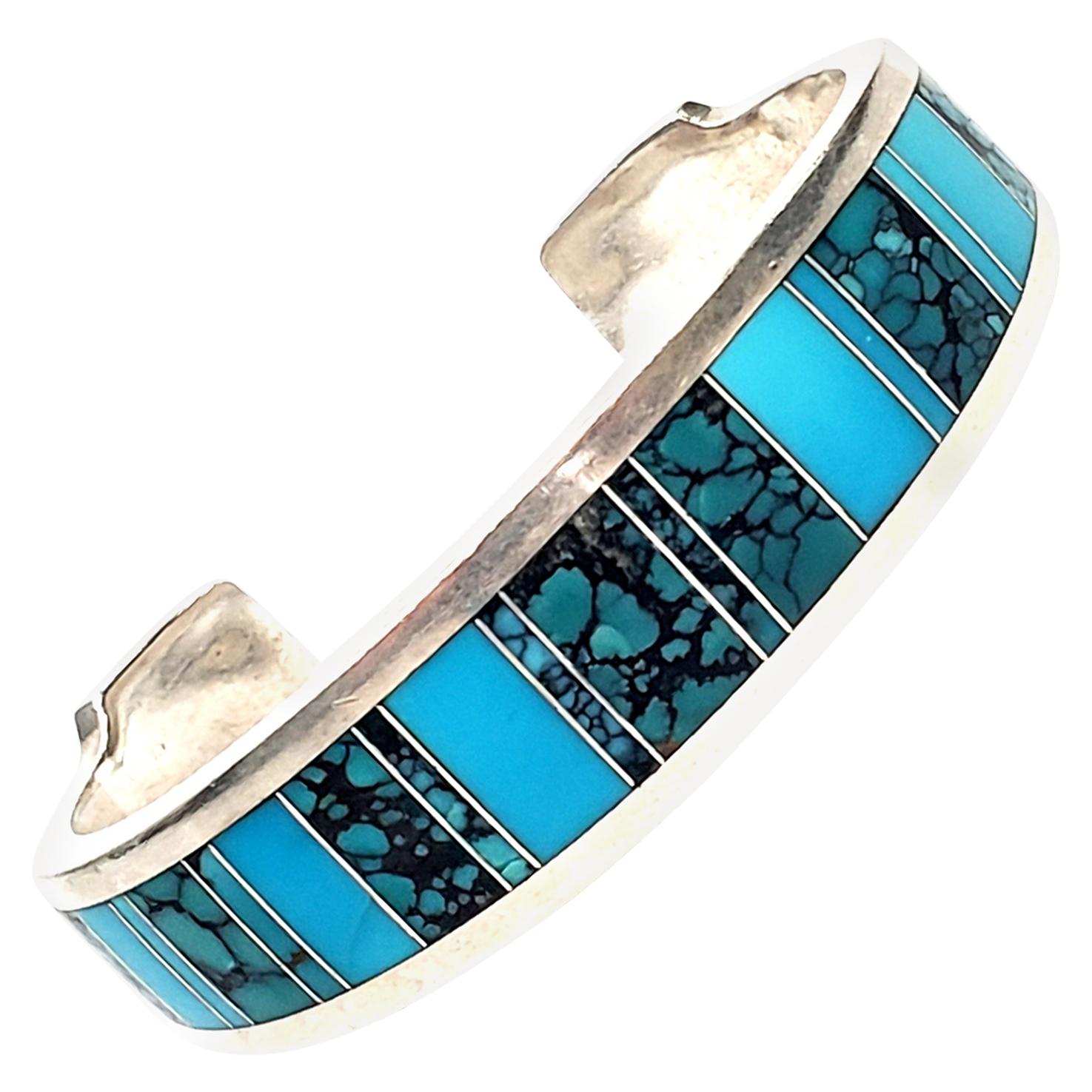 Ray Tracey Native American Sterling Silver Inlaid Turquoise Cuff Bracelet