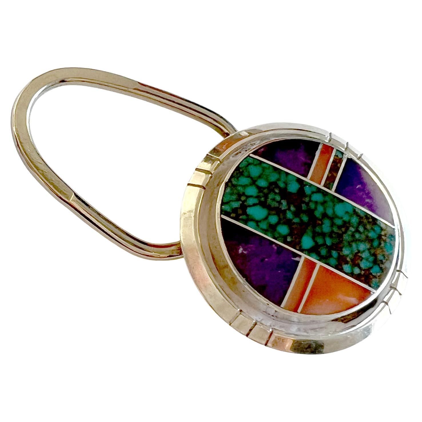 Vintage mosaic inlaid turquoise and sugalite Key chain created by Navajo jeweler Ray Tracey. Key chain measures 2 1/4