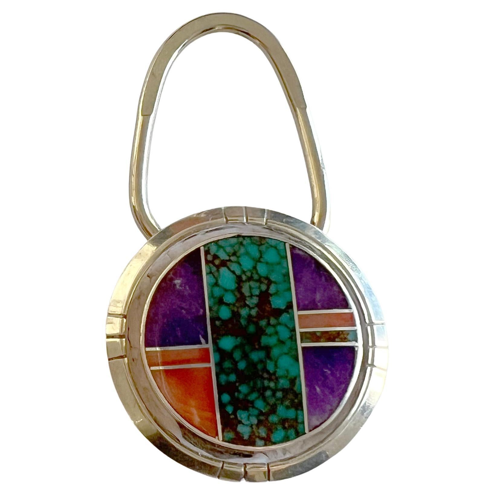Square Cut Ray Tracey Native American Sterling Silver Sugalite Turquoise Inlay Key Chain For Sale