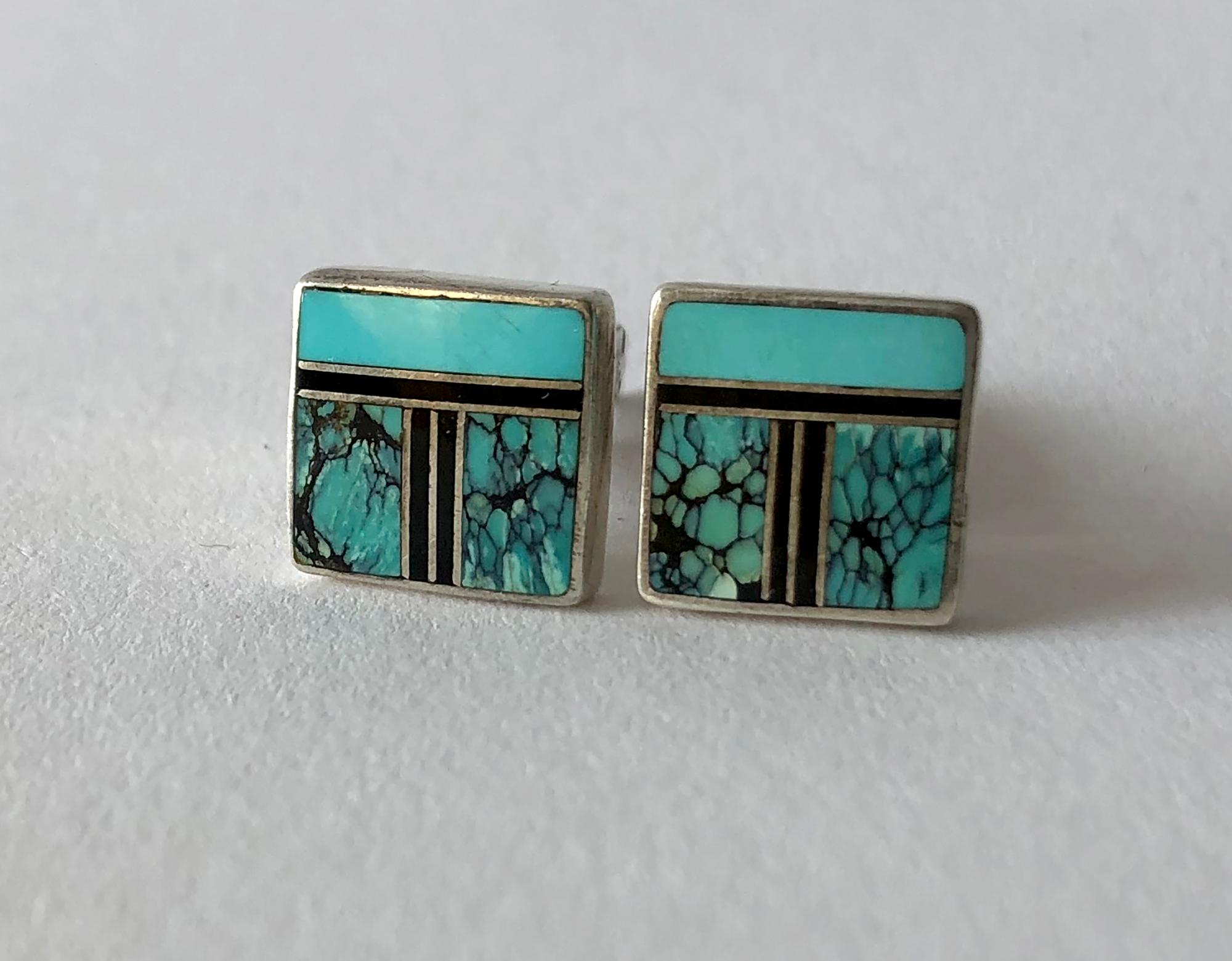 Vintage inlaid turquoise small cuflfinks created by Navajo jeweler Ray Tracey.  Cufflinks measure .50