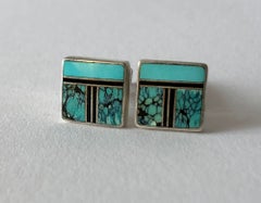Ray Tracey Native American Sterling Silver Turquoise Inlay Cufflinks