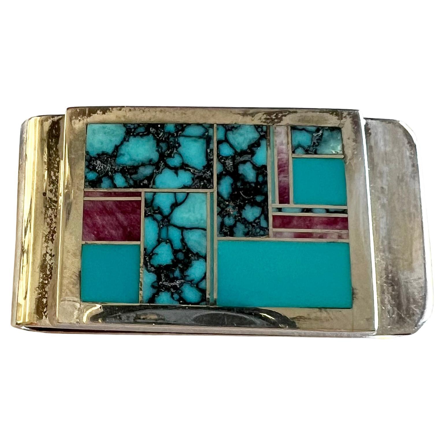 Taille carrée Ray Tracey Native American Sterling Silver Turquoise Inlay Money Clip en vente