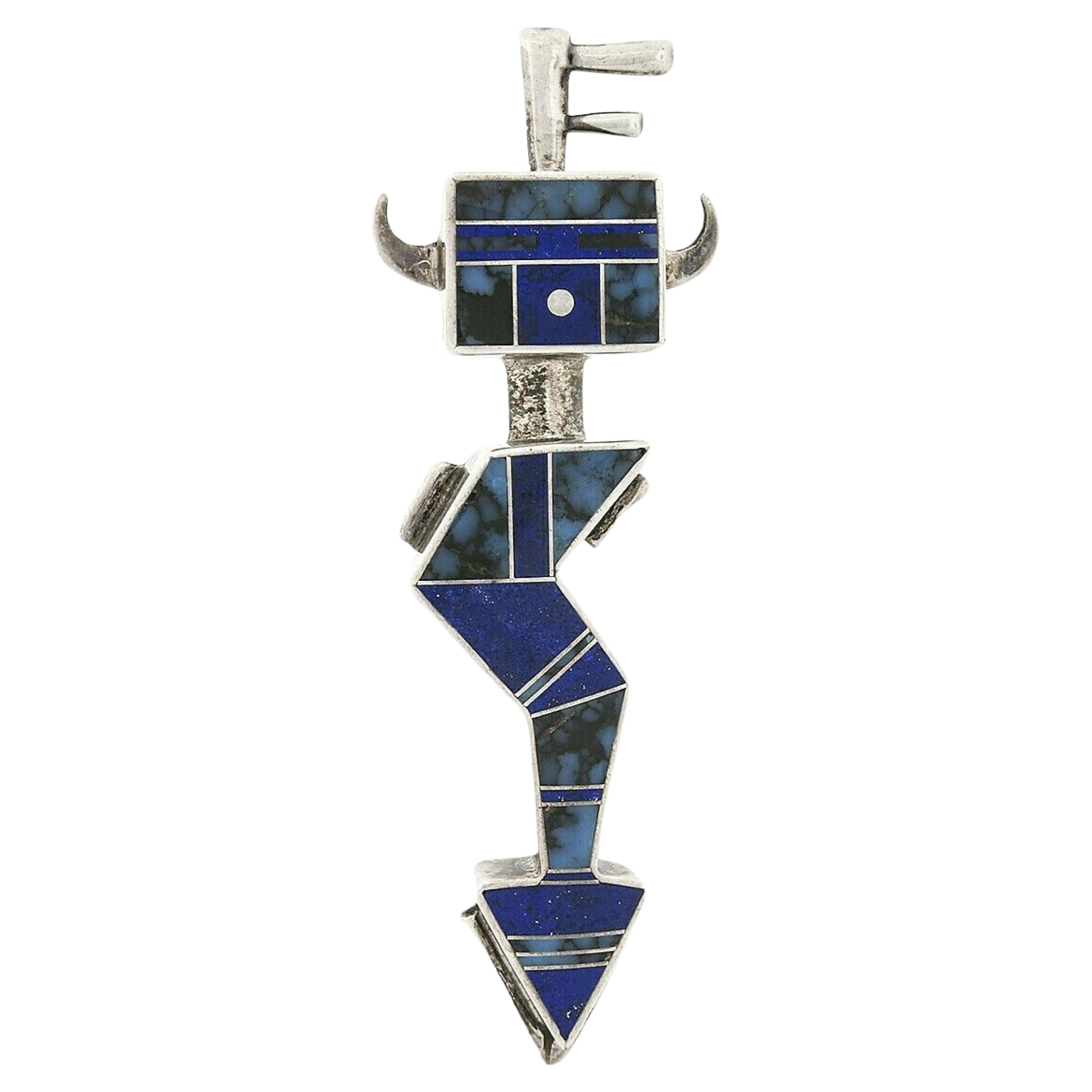 Ray Tracey Broche pendentif Navajo en forme de flèche brisée en argent sterling, lapis et turquoise