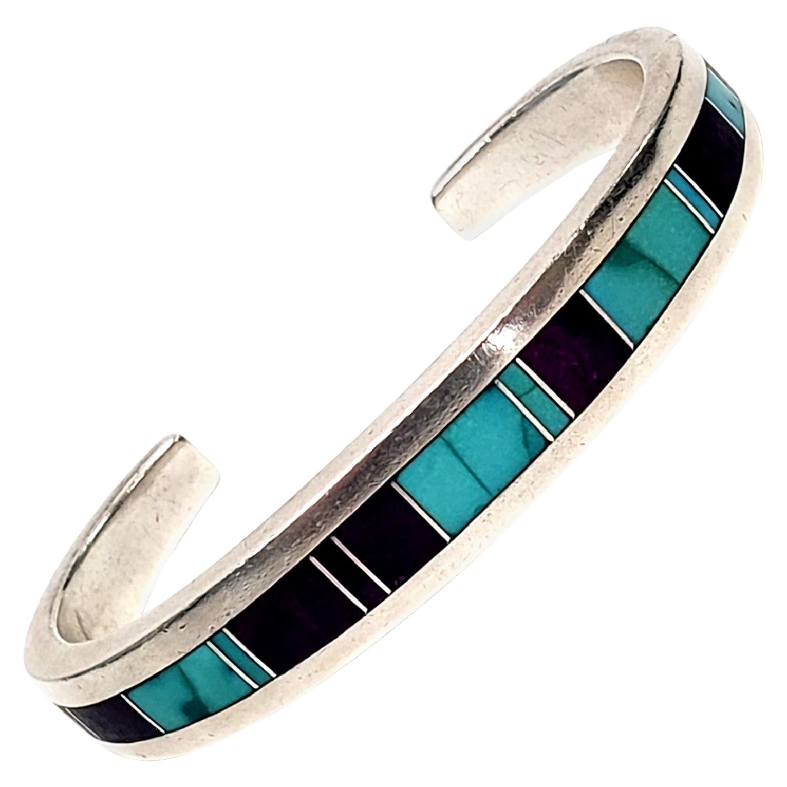 Ray Tracey Sterling Silver Inlaid Turquoise and Suglite Cuff Bracelet